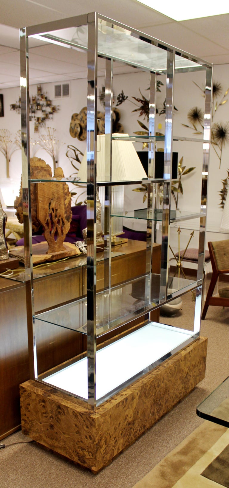 Mid-Century Modern Milo Baughman Light Up Chrome Burl Wood ...