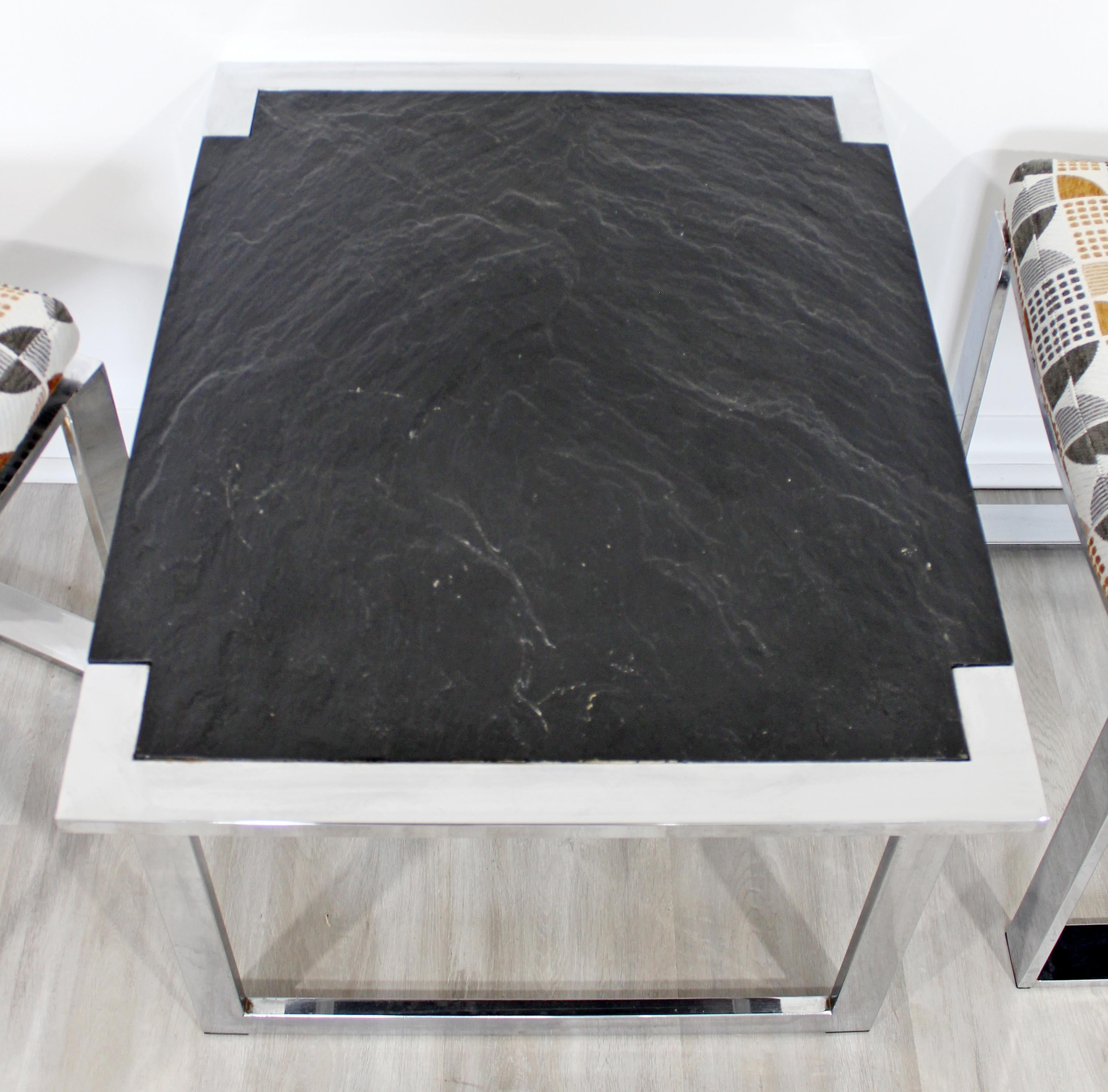 Mid-Century Modern Milo Baughman Pair of Chrome Flatbar Chairs Slate Table Set 4