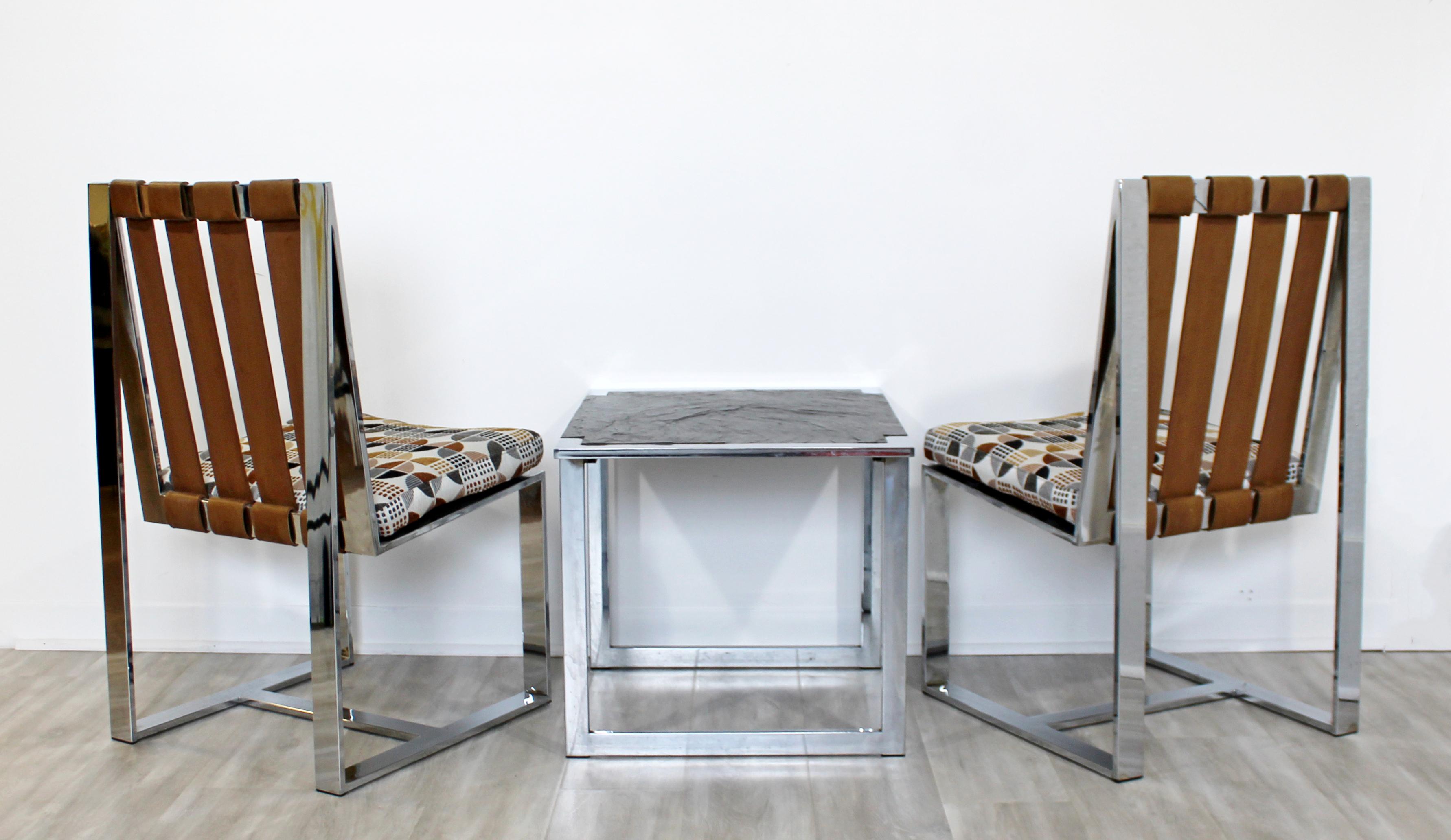 Mid-Century Modern Milo Baughman Pair of Chrome Flatbar Chairs Slate Table Set 5