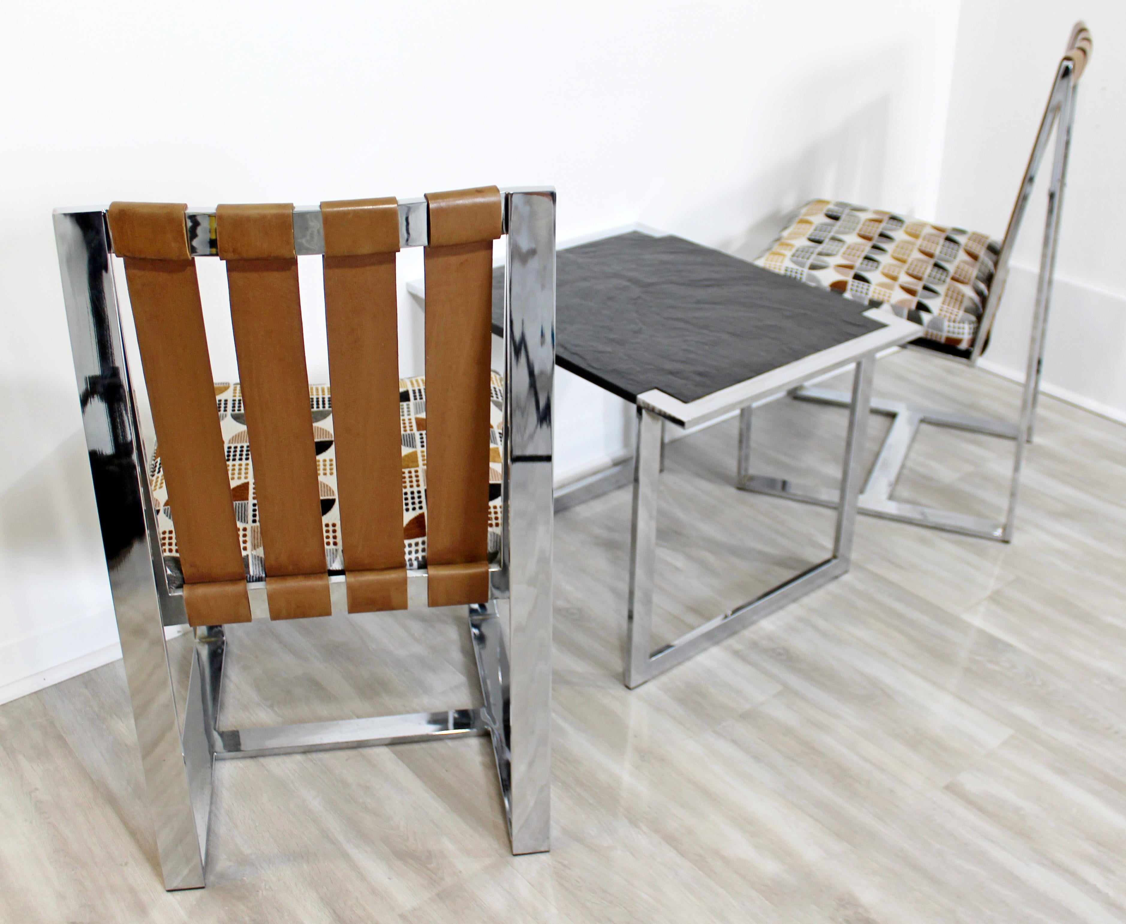 Mid-Century Modern Milo Baughman Pair of Chrome Flatbar Chairs Slate Table Set 6