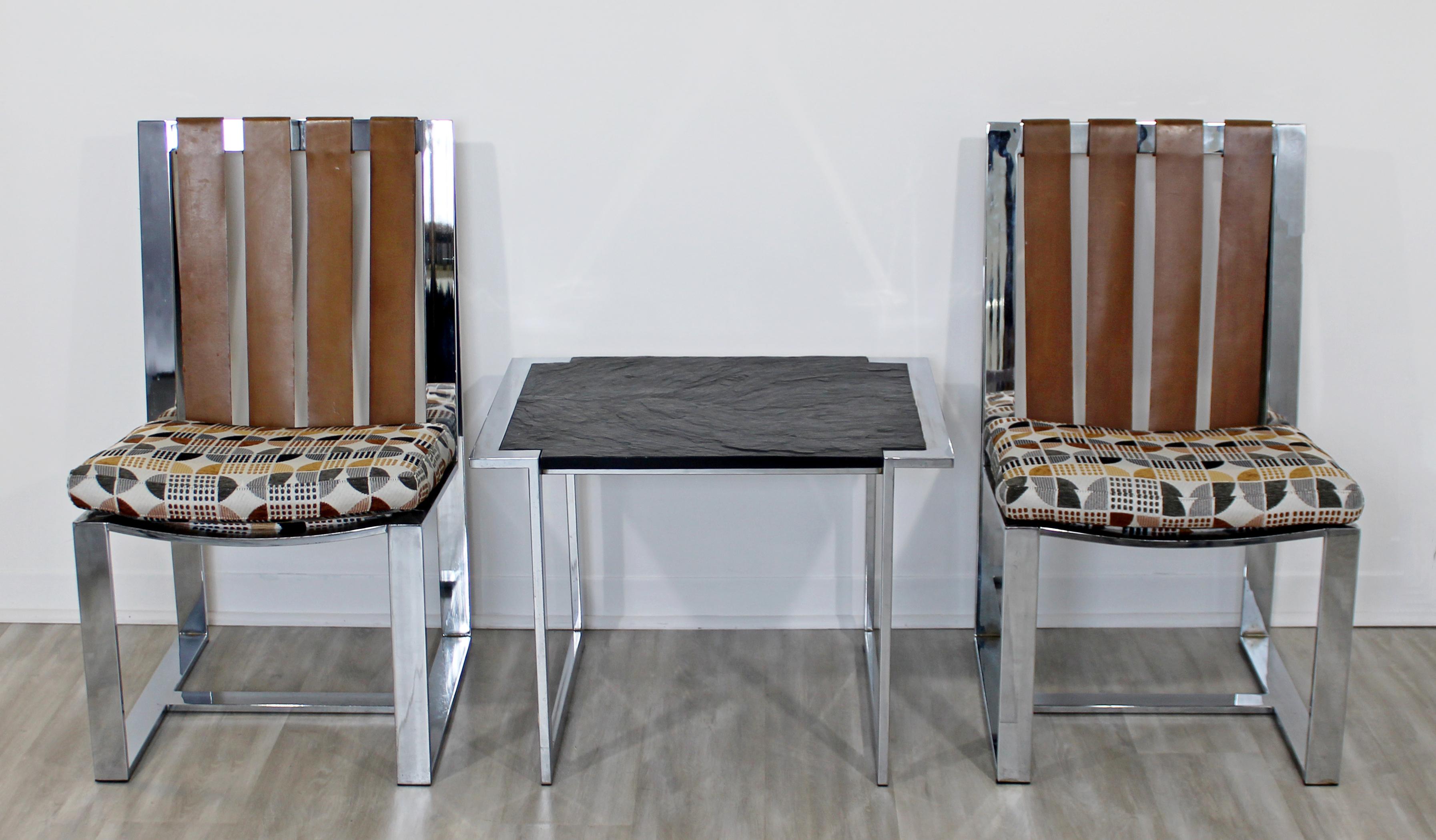 American Mid-Century Modern Milo Baughman Pair of Chrome Flatbar Chairs Slate Table Set