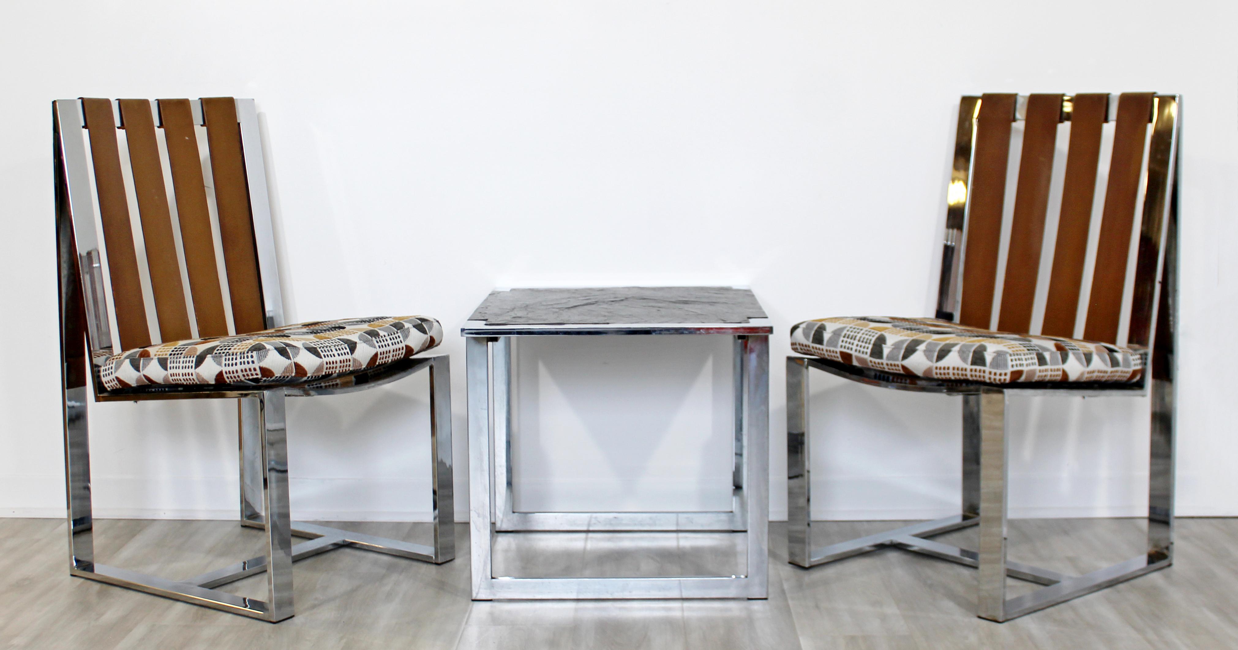 Mid-Century Modern Milo Baughman Pair of Chrome Flatbar Chairs Slate Table Set In Good Condition In Keego Harbor, MI