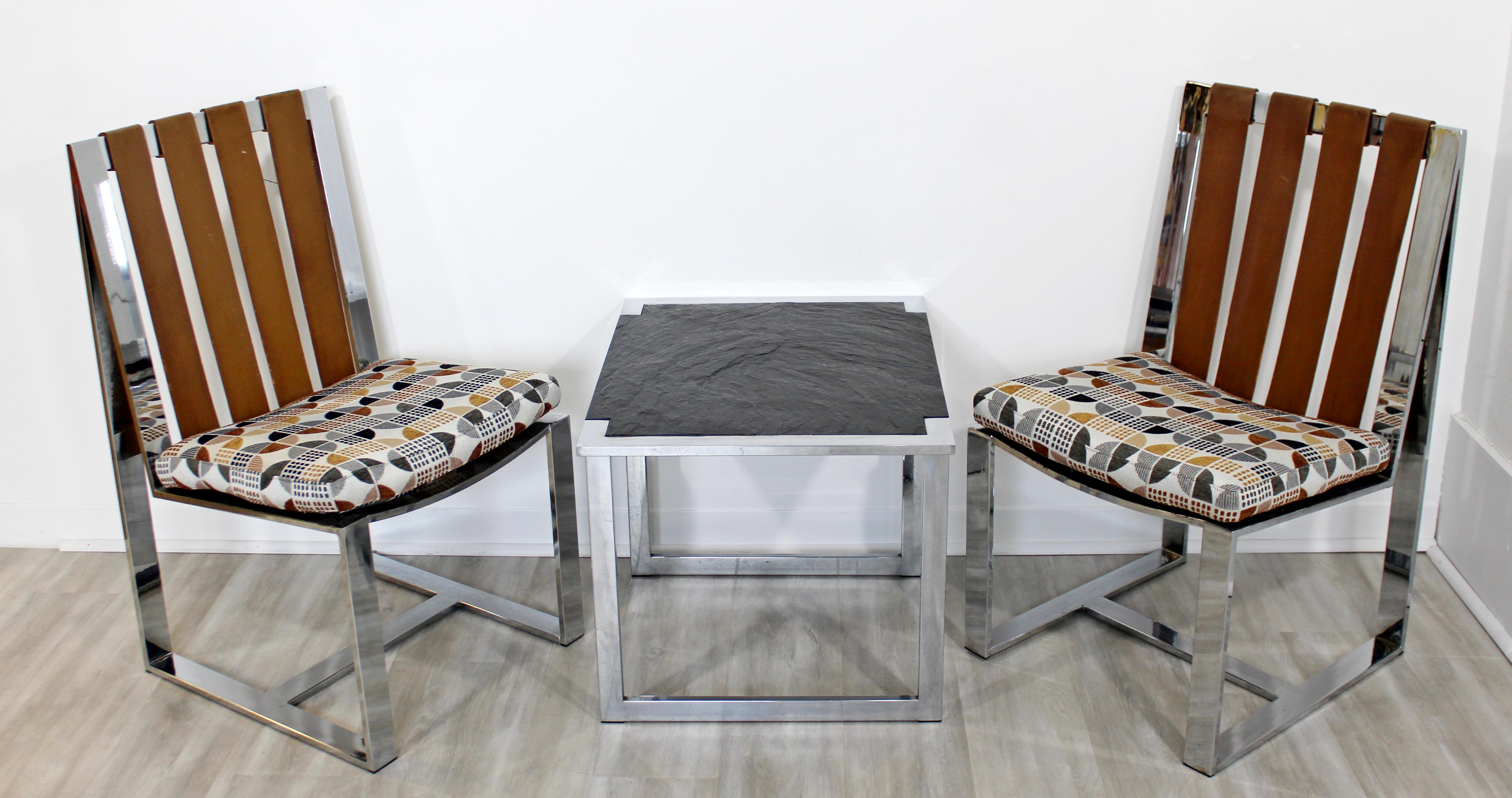 Late 20th Century Mid-Century Modern Milo Baughman Pair of Chrome Flatbar Chairs Slate Table Set