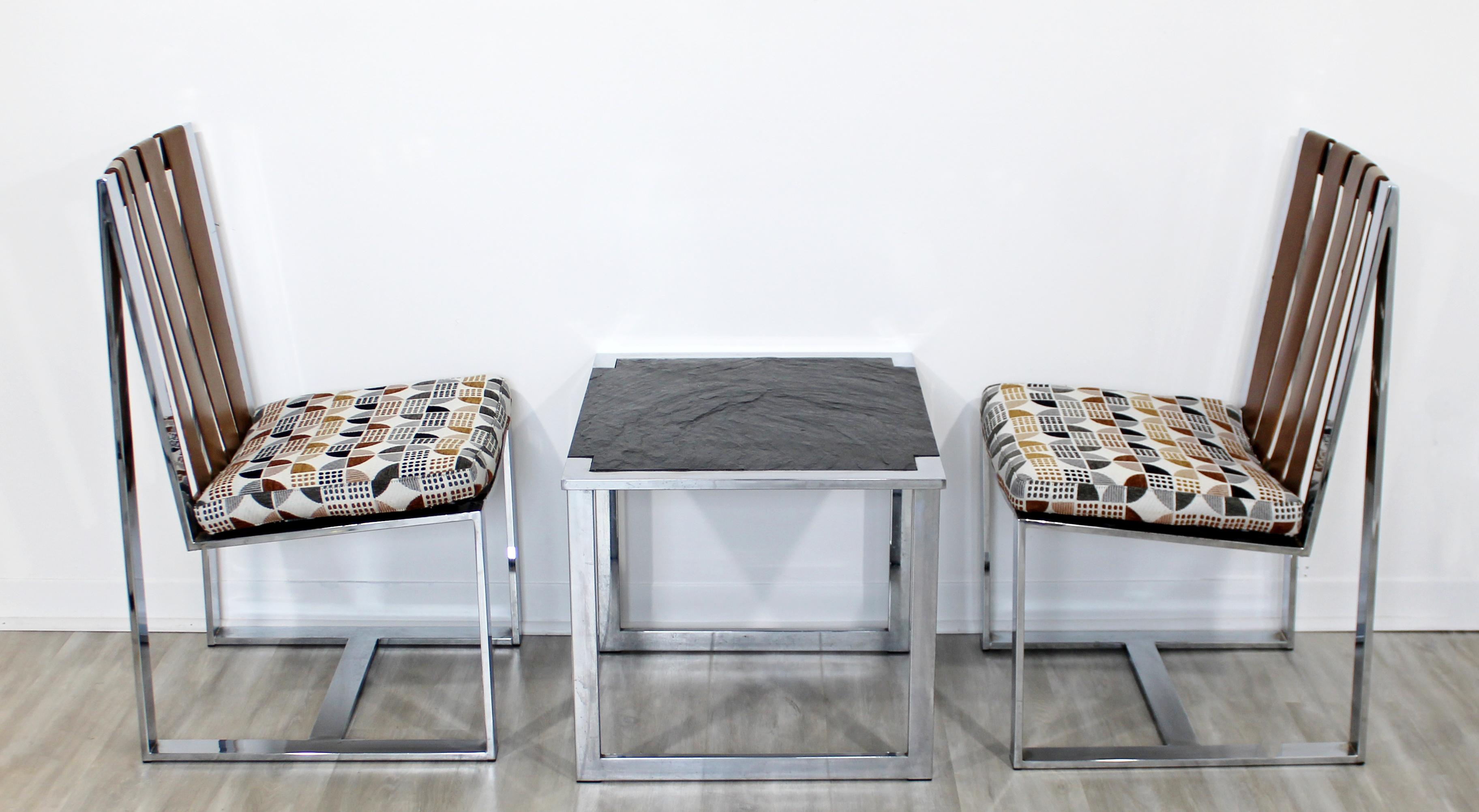 Leather Mid-Century Modern Milo Baughman Pair of Chrome Flatbar Chairs Slate Table Set