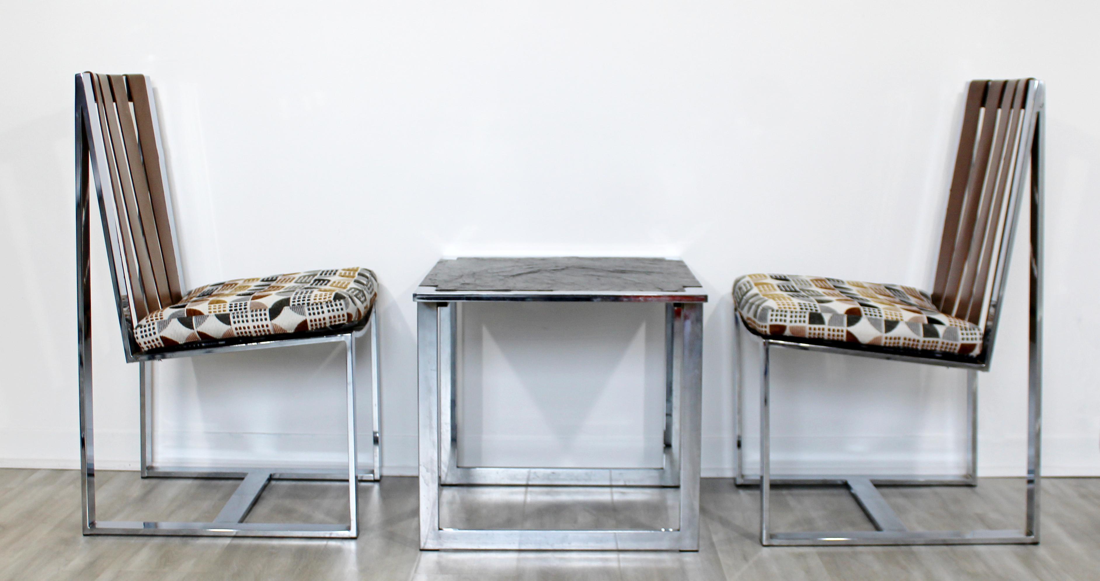 Mid-Century Modern Milo Baughman Pair of Chrome Flatbar Chairs Slate Table Set 1
