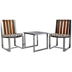 Mid-Century Modern Milo Baughman Zwei verchromte Flachbar-Sessel, Schiefer-Tisch-Set