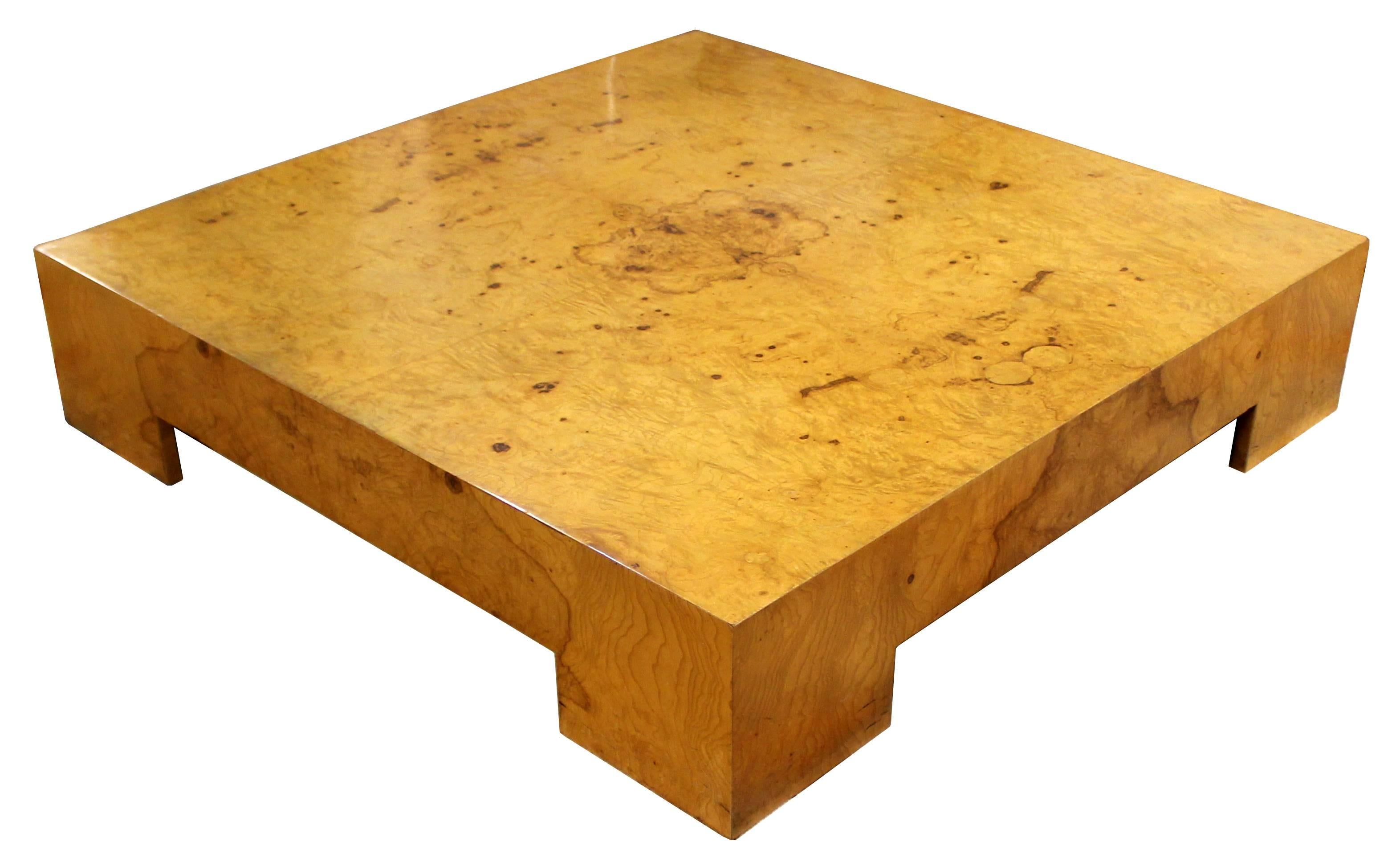 For your consideration is a fantastic, low, square, burl wood coffee table by Milo Baughman, circa the 1970s. In excellent condition. The dimensions are 48