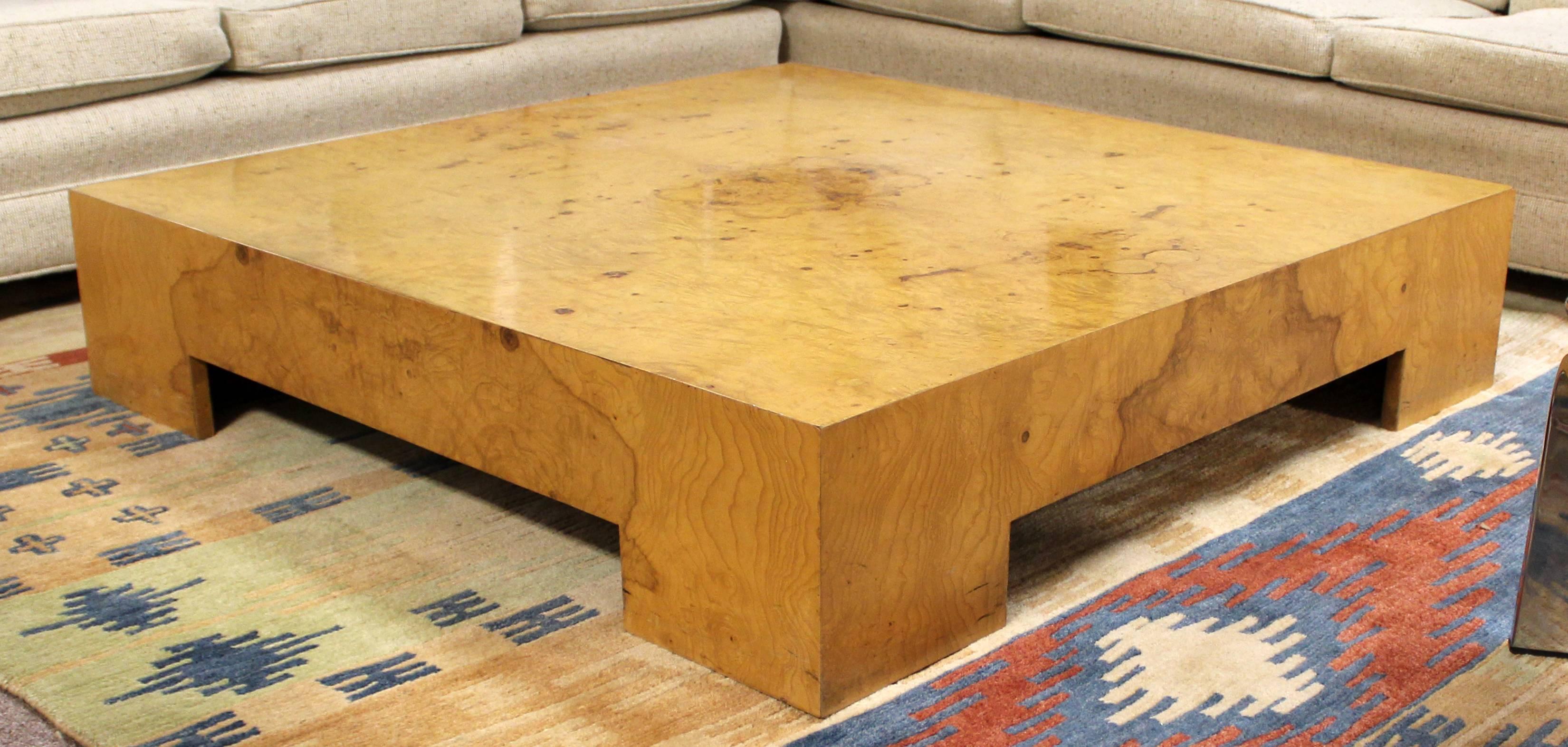 Late 20th Century Mid-Century Modern Milo Baughman Parsons Burl Wood Square Low Coffee Table 1970s