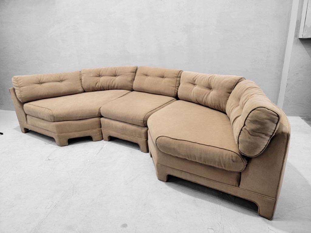 Mid Century Modern Milo Baughman Parsons Style Curved 3 Piece Sectional Sofa - Pair 

Classic pair of mid century modern Milo Baughman curved three-seat sofas. Both sofas are in original fabric. These are perfect for a lobby, office or large living