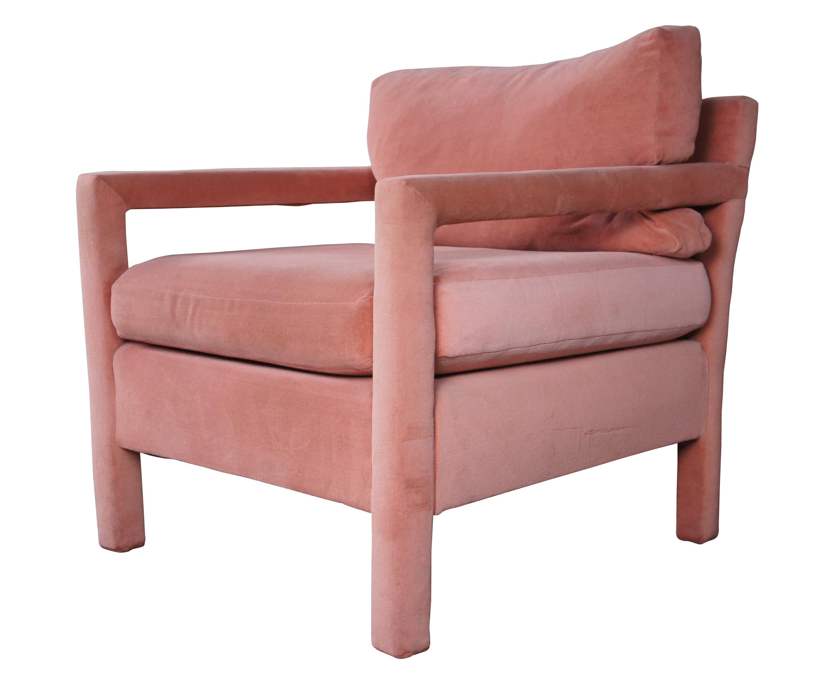 An eye catching Parsons style chair attributed to Milo Baughman for Thayer Coggins, circa 1970s. Features a cubed frame upholstered in a posh pink mohair.