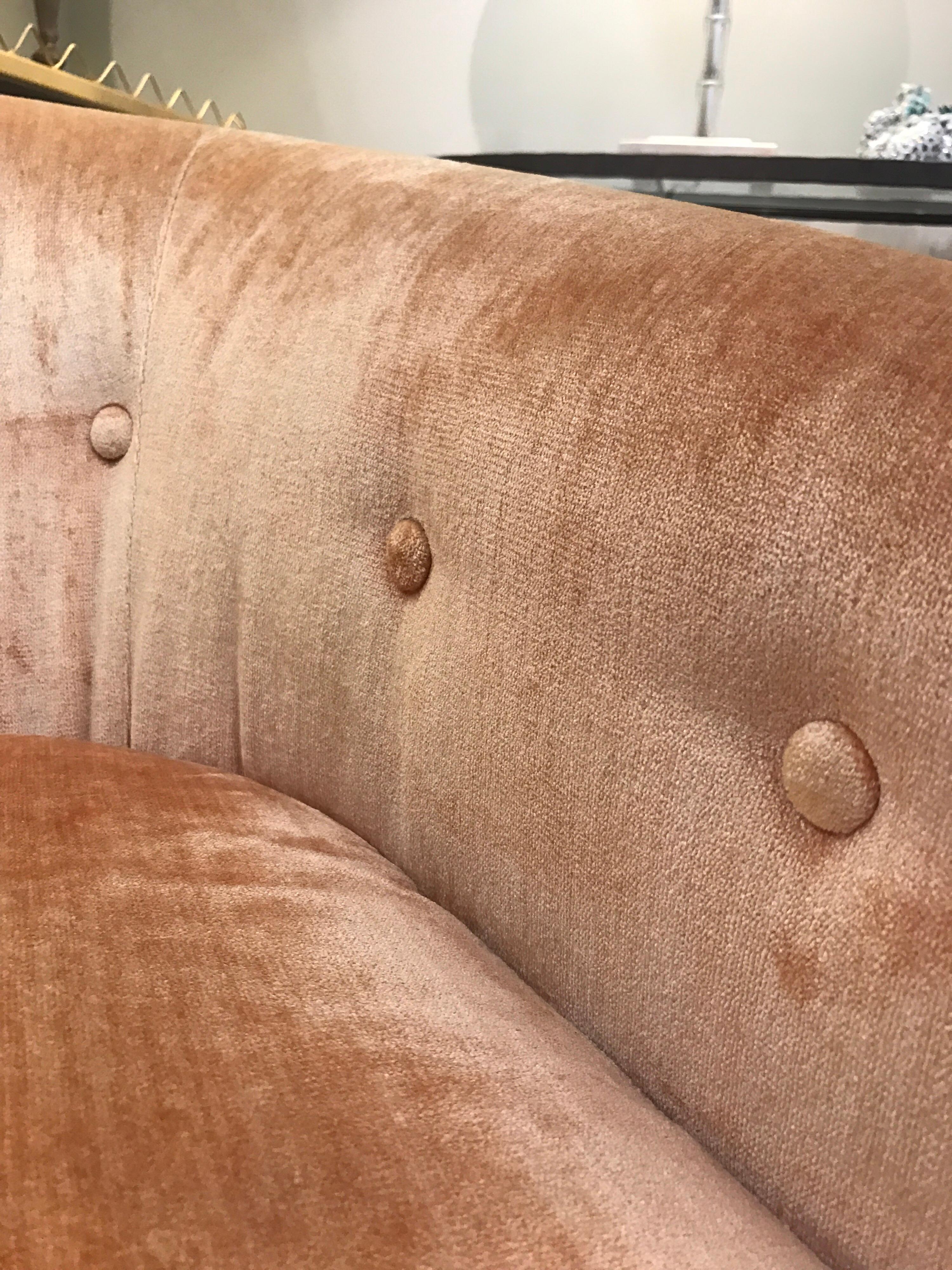 Mid-Century Modern Milo Baughman Style Peach Velvet Swivel Barrel Back Chairs 1
