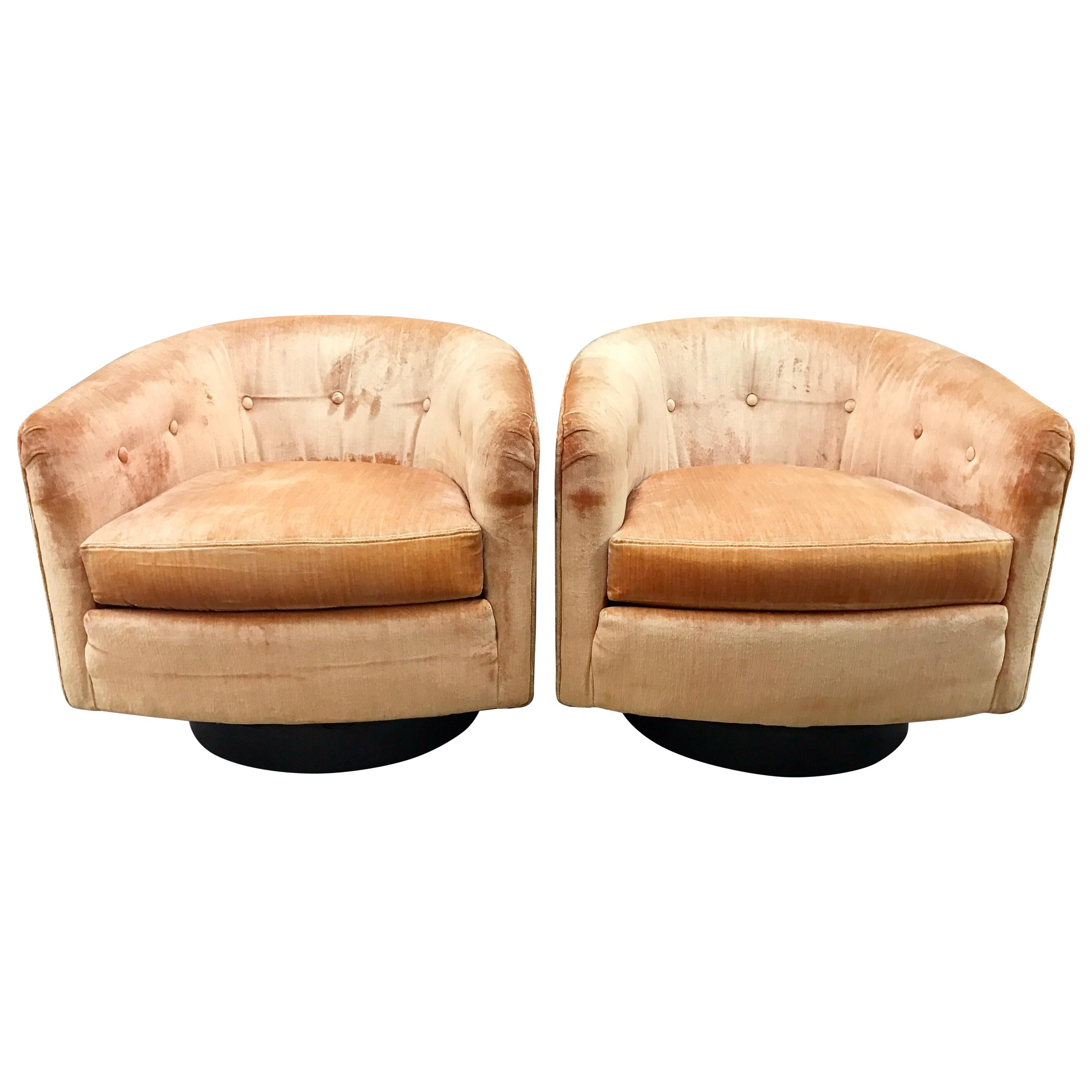 Mid-Century Modern Milo Baughman Style Peach Velvet Swivel Barrel Back Chairs