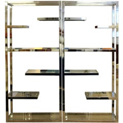 Mid-Century Modern Milo Baughman Polished Chrome 
Glass Pair of Etageres, 1970s