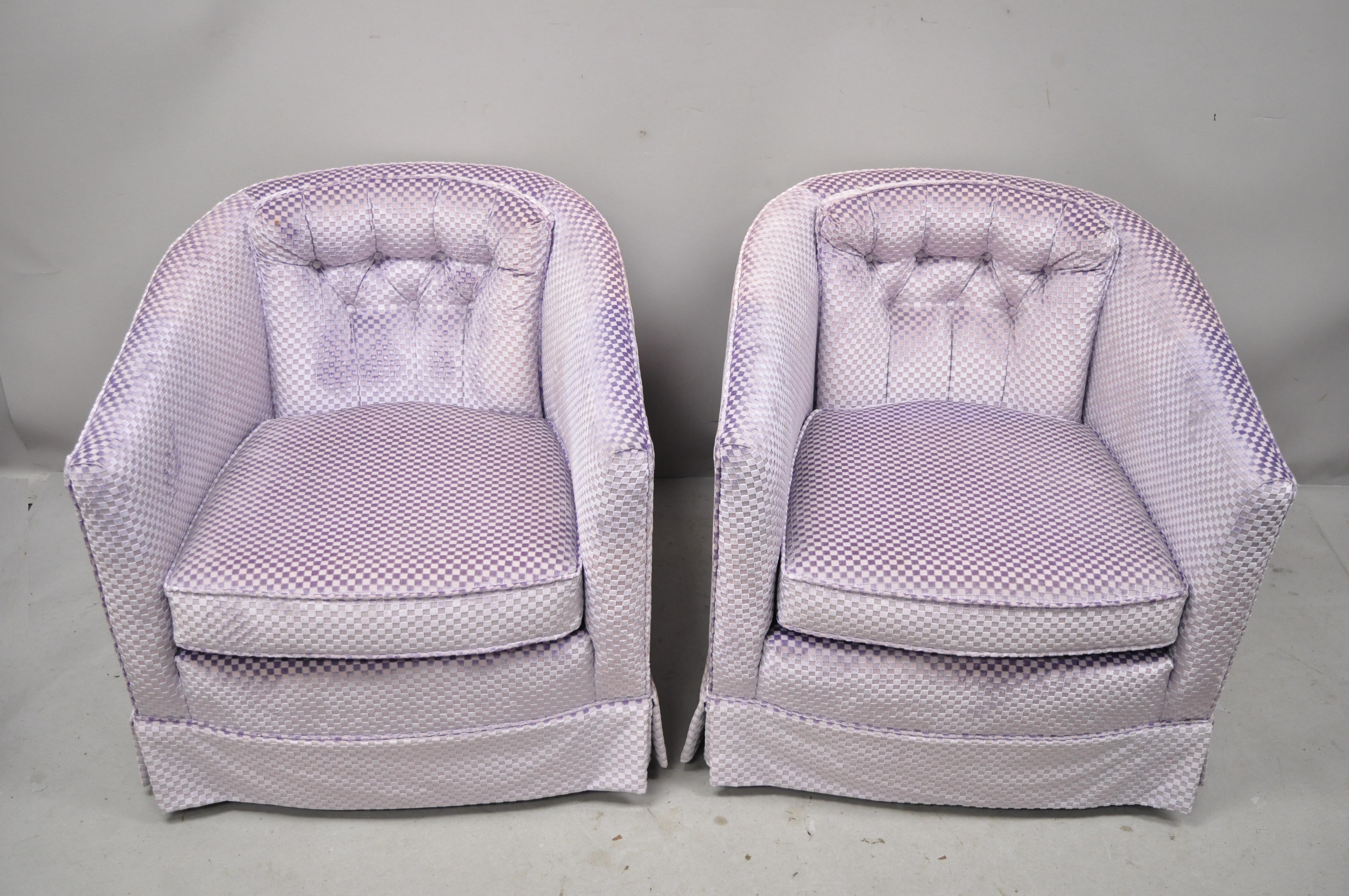 Mid-Century Modern Milo Baughman style purple barrel back club lounge chairs, a pair. Item features remarkable purple geometric print upholstery, skirted frames, loose cushions, tapered legs, clean modernist lines, great style and form, circa