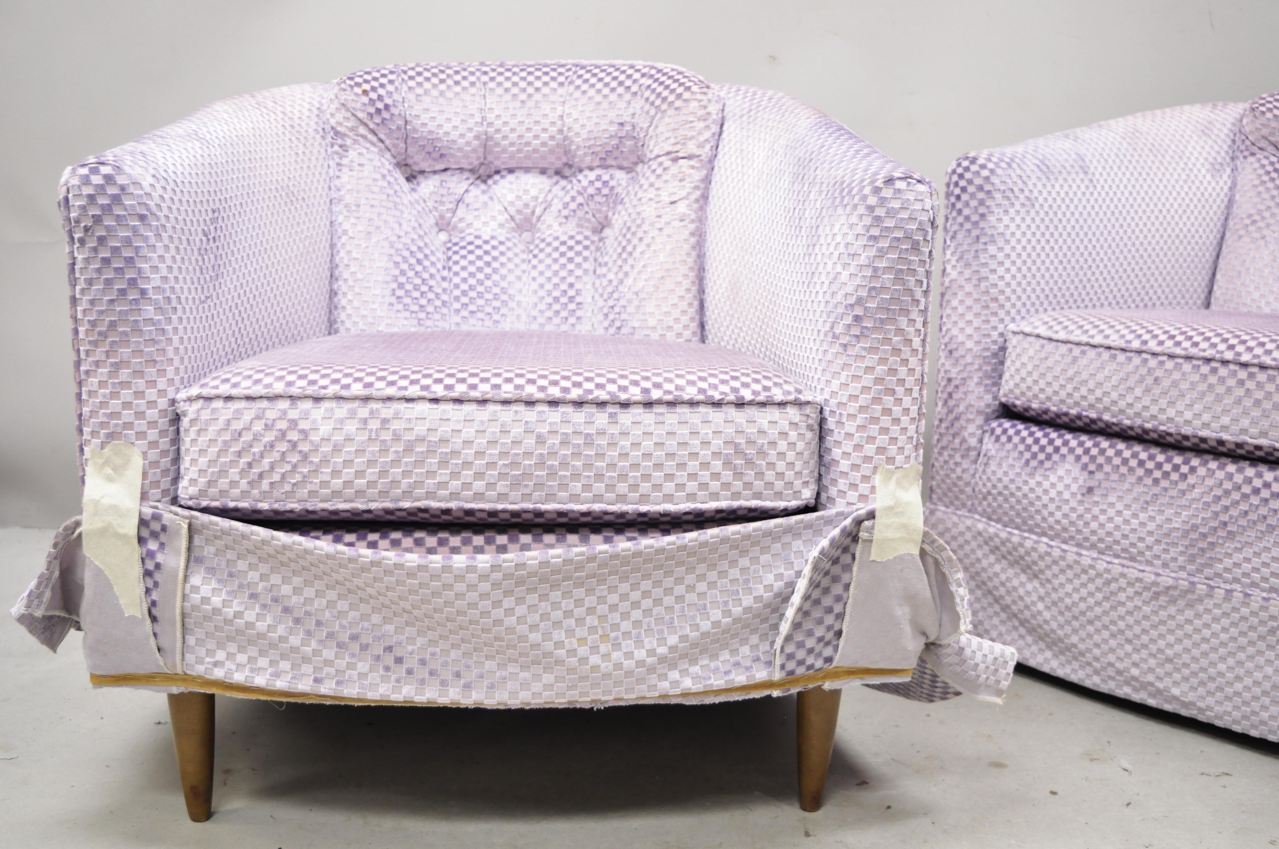 Fabric Mid-Century Modern Milo Baughman Purple Barrel Back Club Lounge Chairs, a Pair For Sale