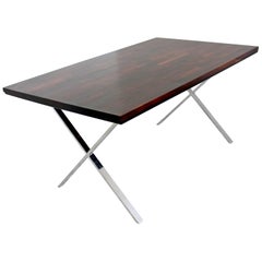 Mid-Century Modern Milo Baughman Rosewood and Chrome X-Base Desk Table, 1970s