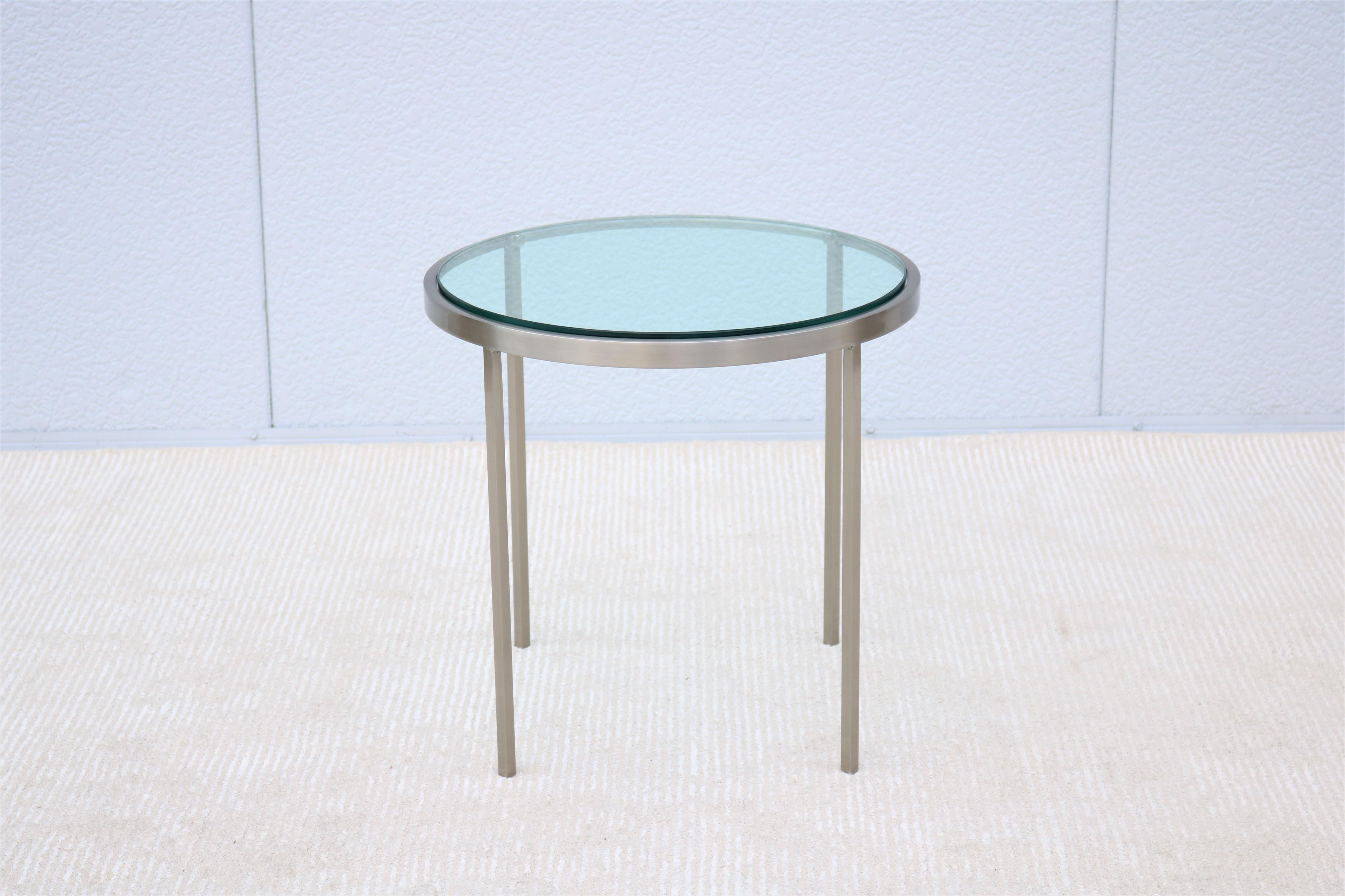 Minimalist Mid-Century Modern Milo Baughman Round Glass and Stainless-Steel Side End Table For Sale