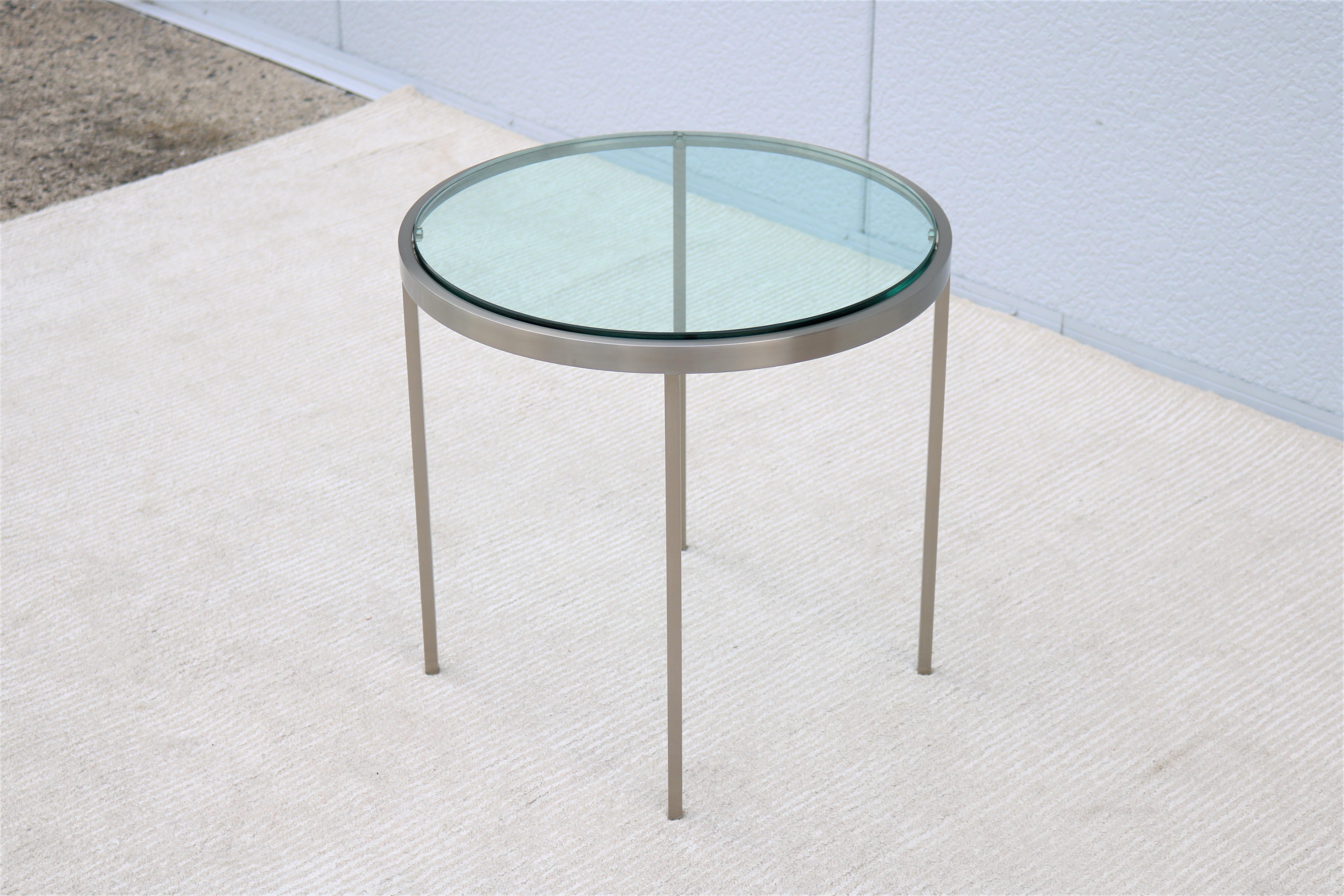 Brushed Mid-Century Modern Milo Baughman Round Glass and Stainless-Steel Side End Table For Sale