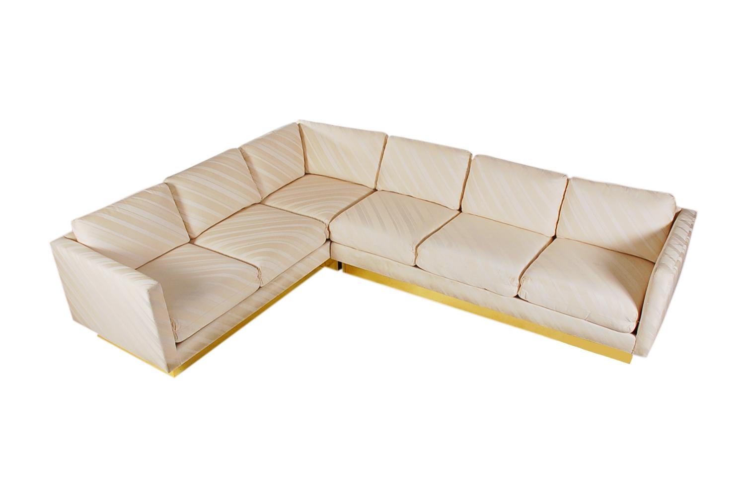 American Mid-Century Modern Milo Baughman Sectional Sofa L Shaped with Brass Plinth Base