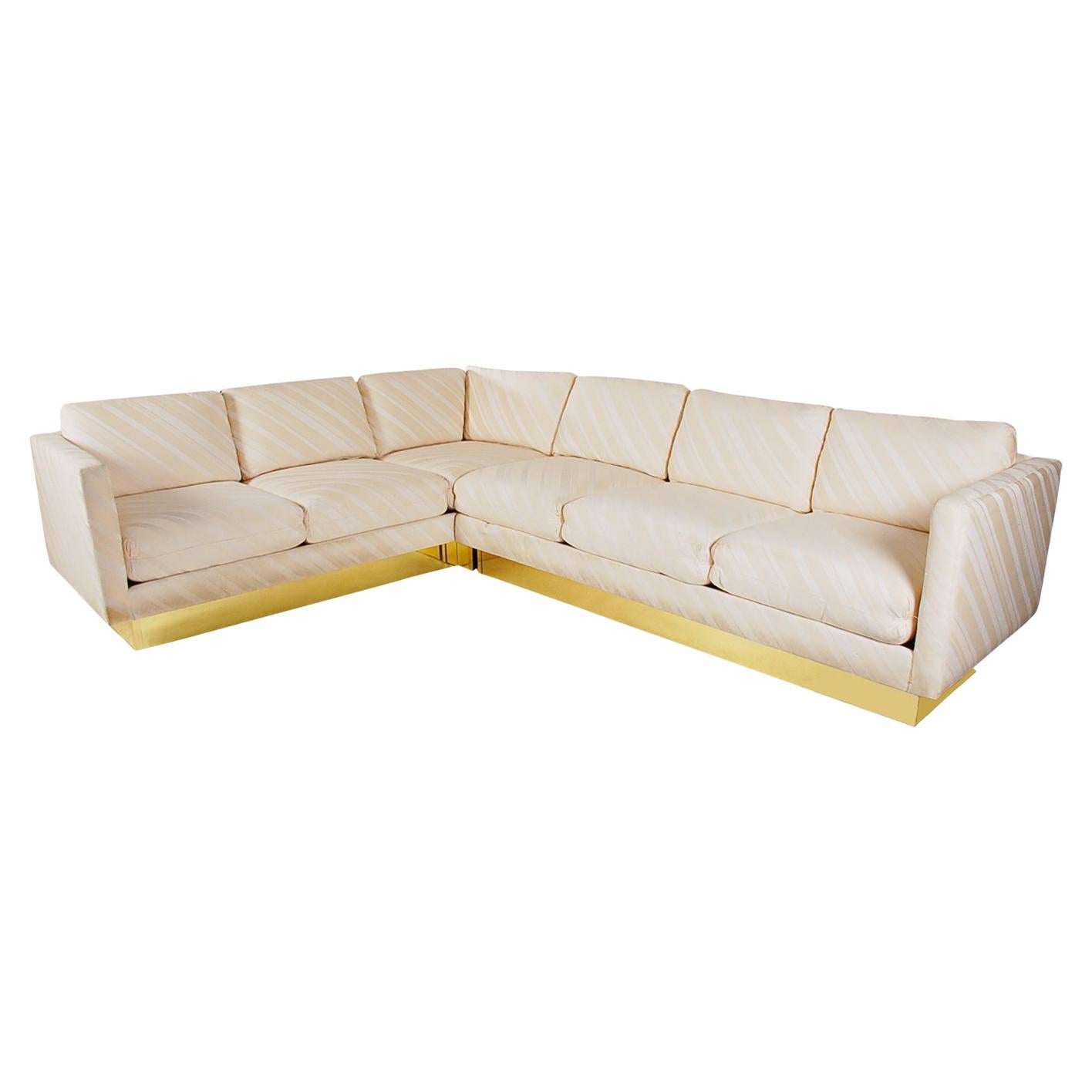 Mid-Century Modern Milo Baughman Sectional Sofa L Shaped with Brass Plinth Base