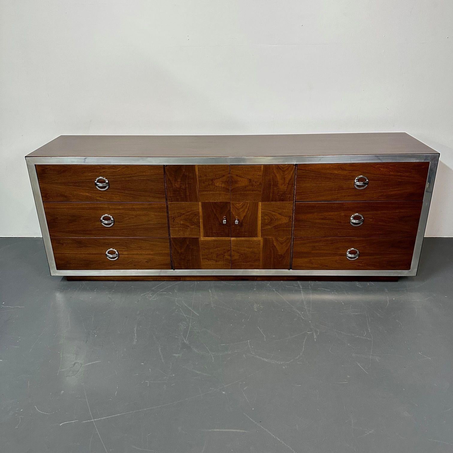 American Mid-Century Modern Milo Baughman Sideboard / Dresser, Burlwood, Chrome For Sale
