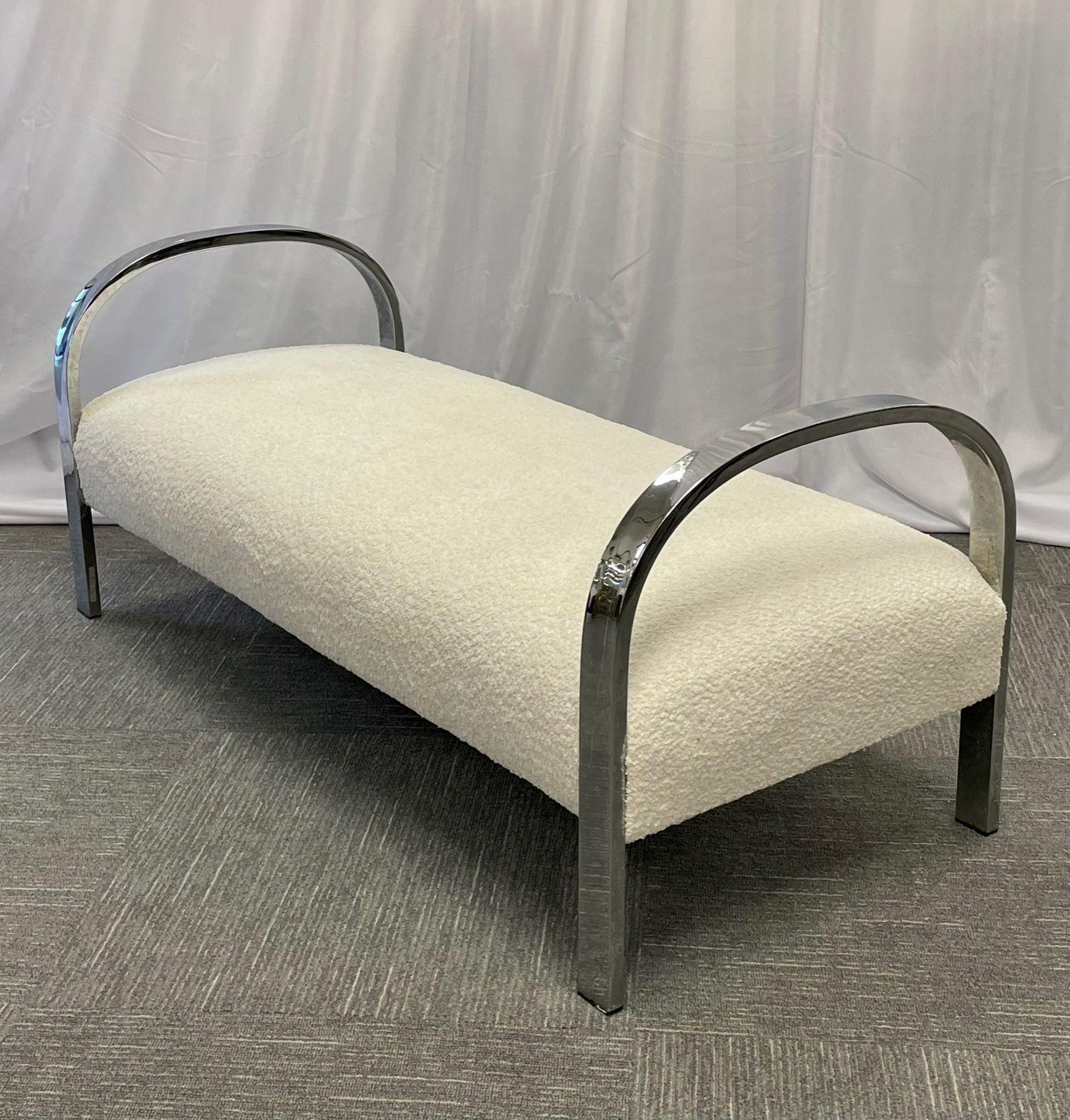 Contemporary Mid-Century Modern Milo Baughman Style Bench / Daybed / Chaise, Chrome, Boucle For Sale