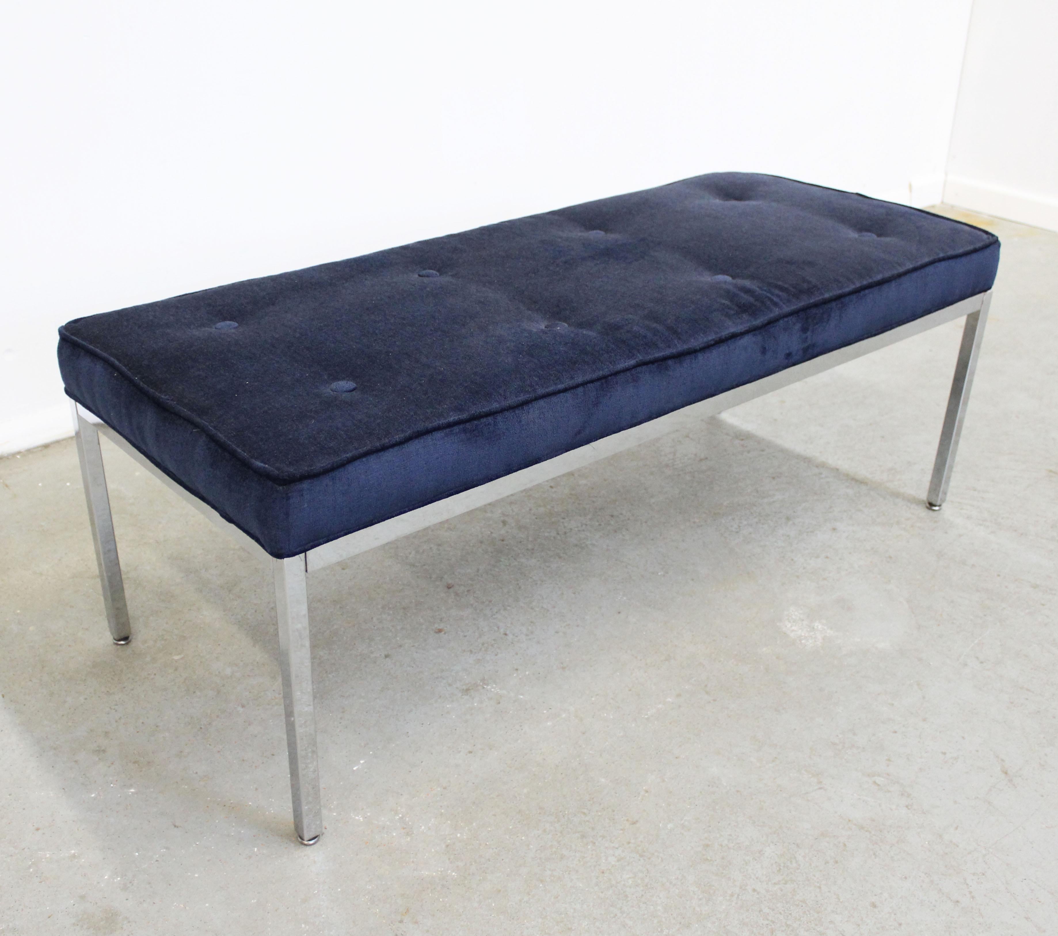 Offered is a gorgeous mid century modern style chrome bench with blue upholstery. In good used condition, shows minor surface wear/scratches on chrome. Upholstery is in excellent conditions, no odors, stains, or tears. It is not signed. Check out