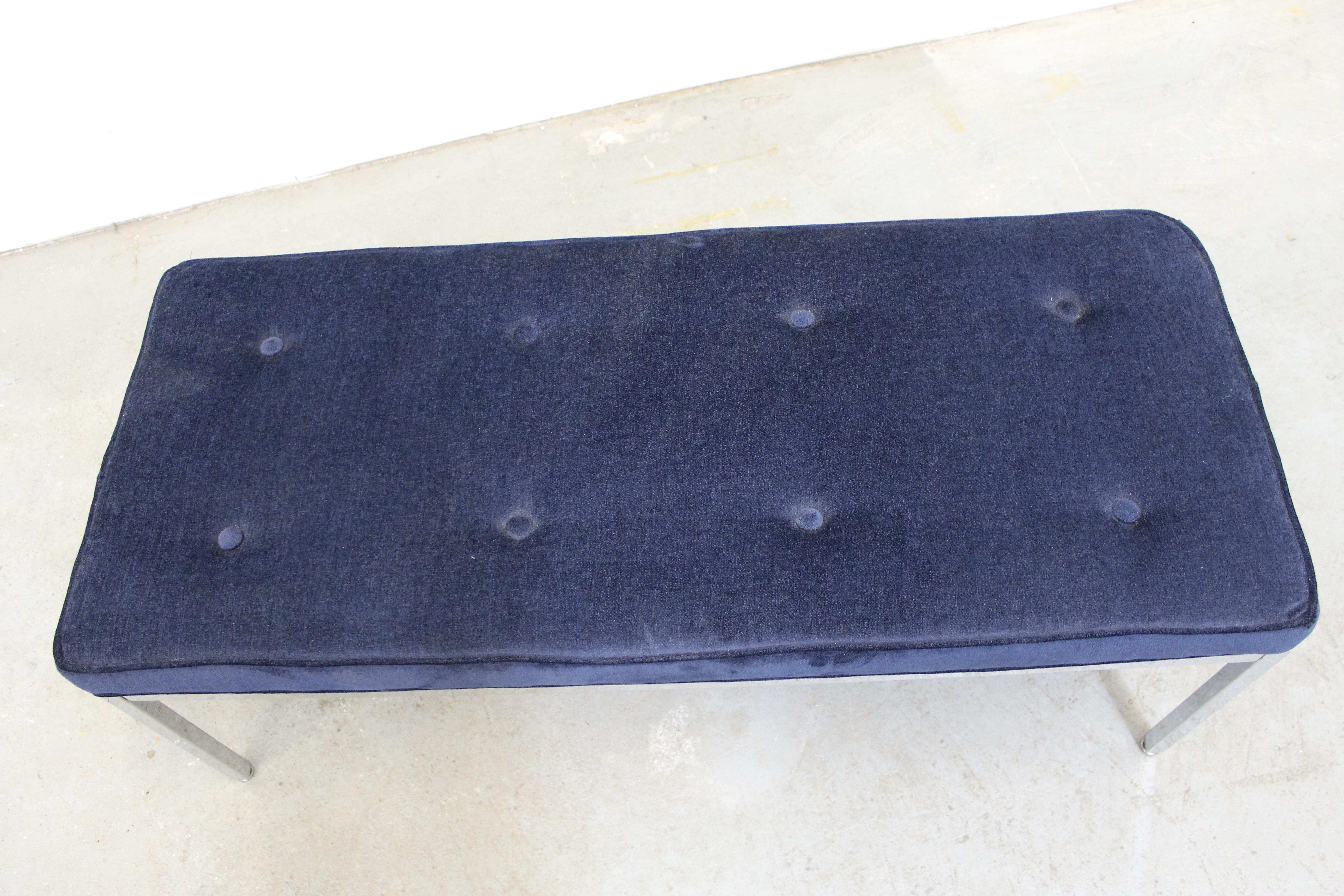 Upholstery Mid-Century Modern Milo Baughman-Style Blue Chrome Bench For Sale
