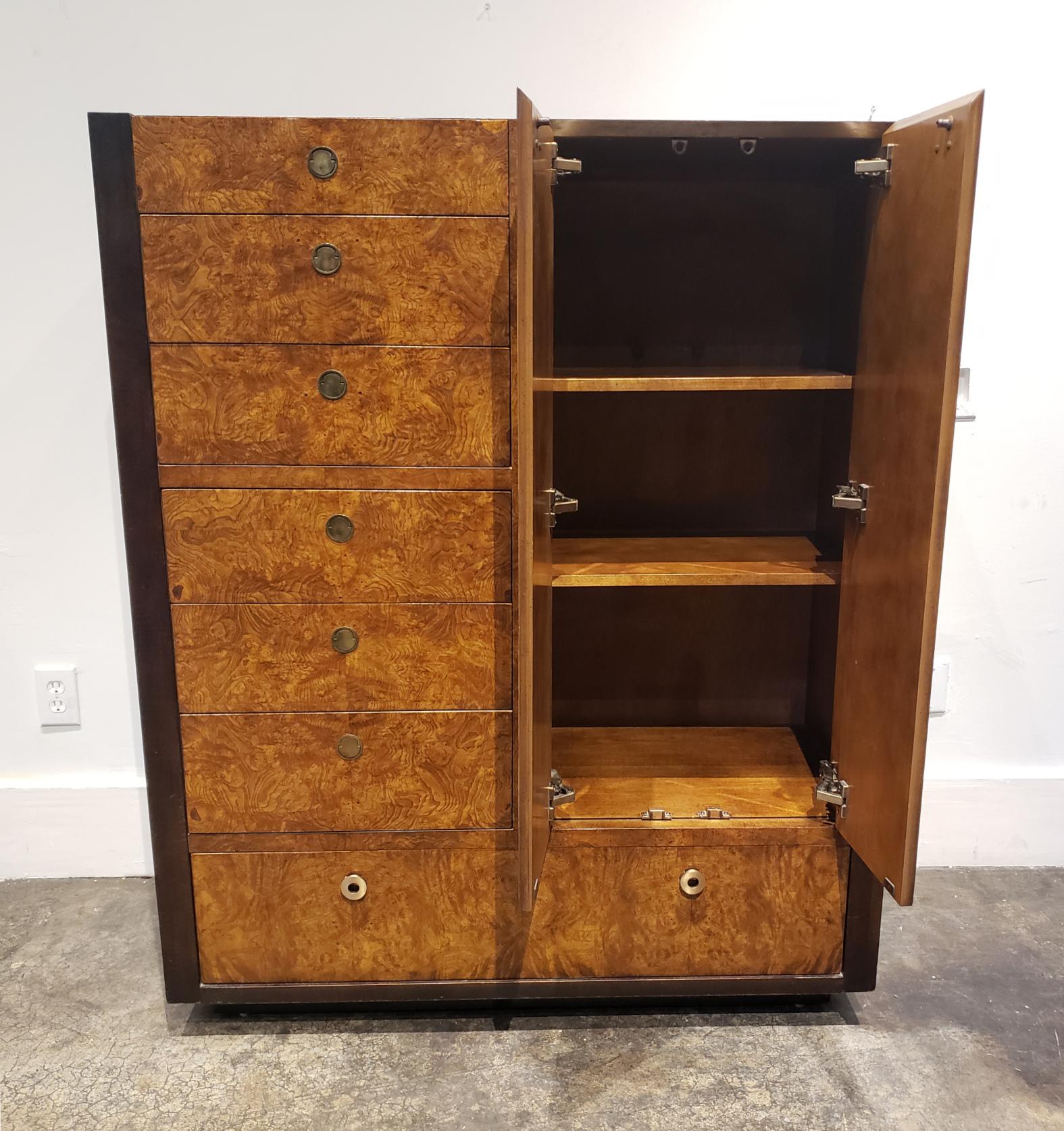 Veneer Mid-Century Modern Milo Baughman Style Burl and Dark Walnut High Chest by Centur For Sale