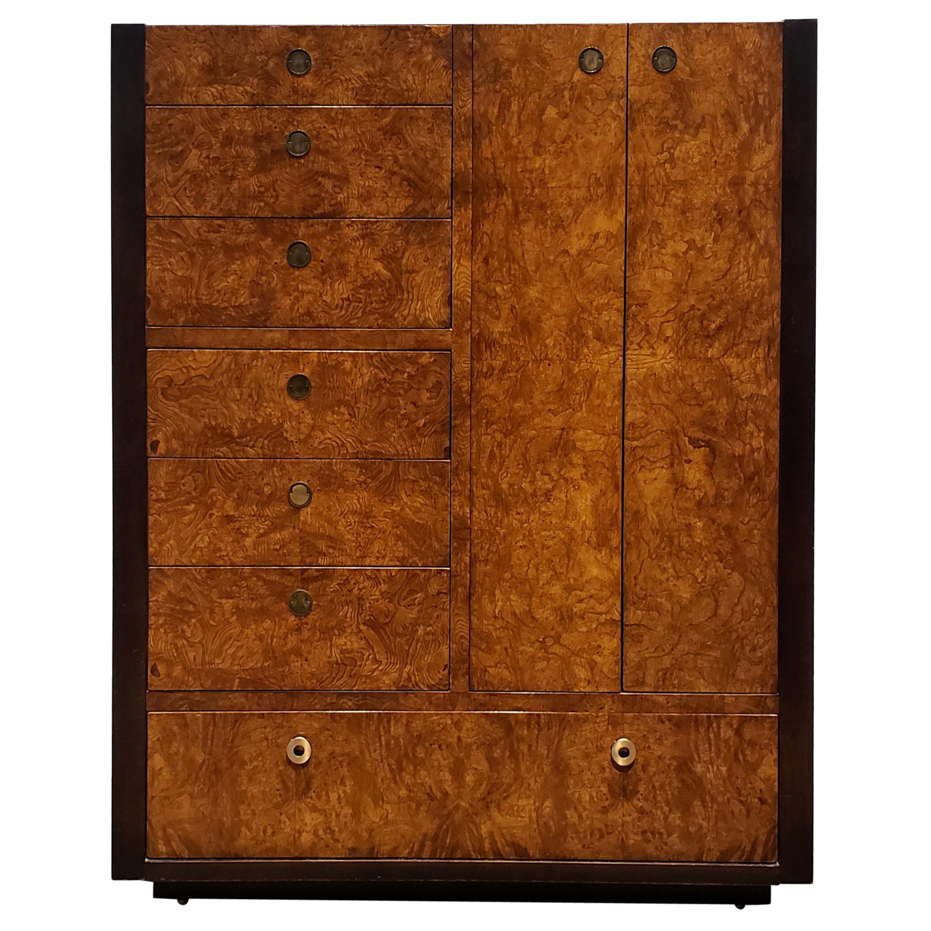 Mid-Century Modern Milo Baughman Style Burl and Dark Walnut High Chest by Centur For Sale