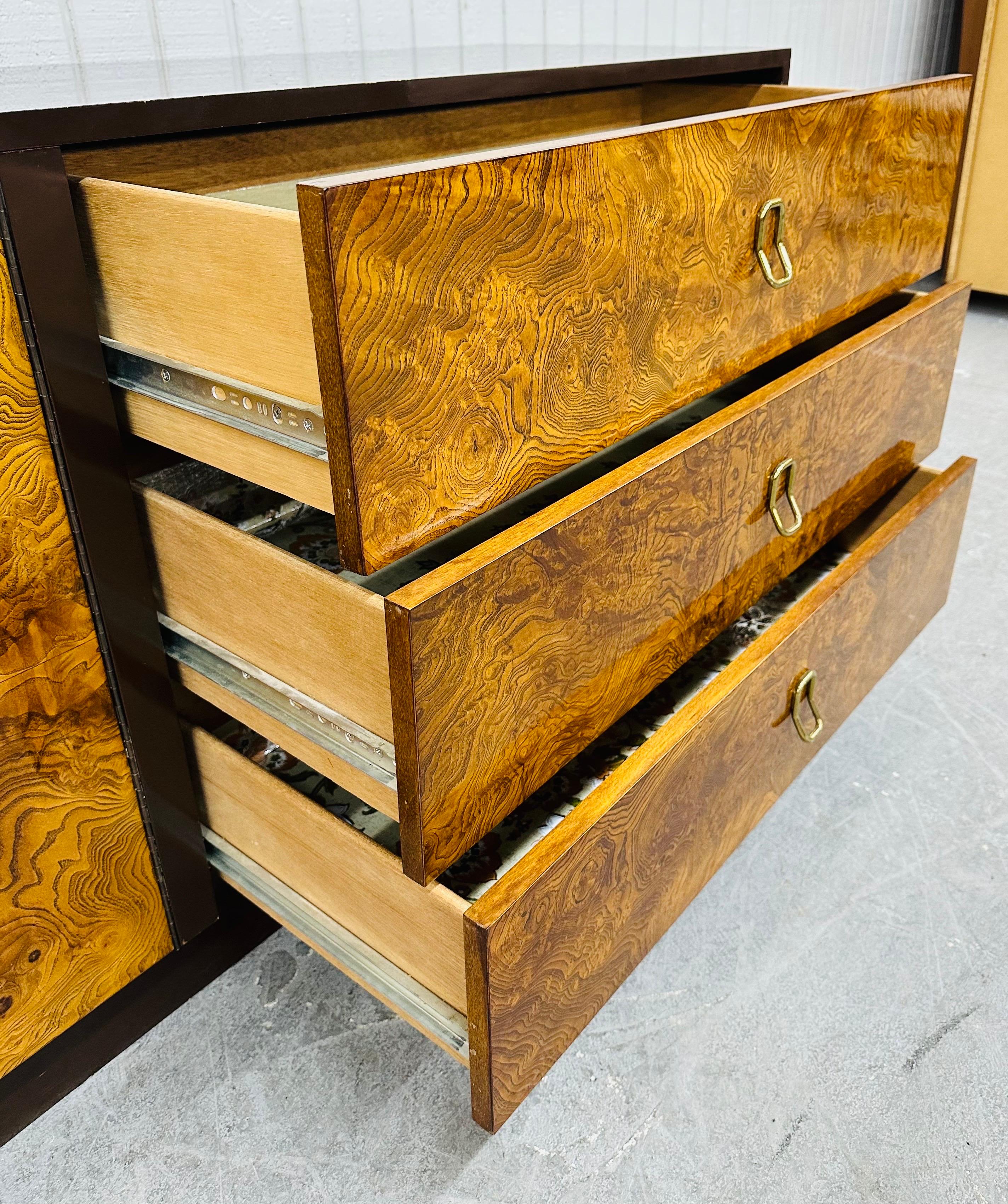 Brass Mid-Century Modern Milo Baughman Style Burled Wood Dresser