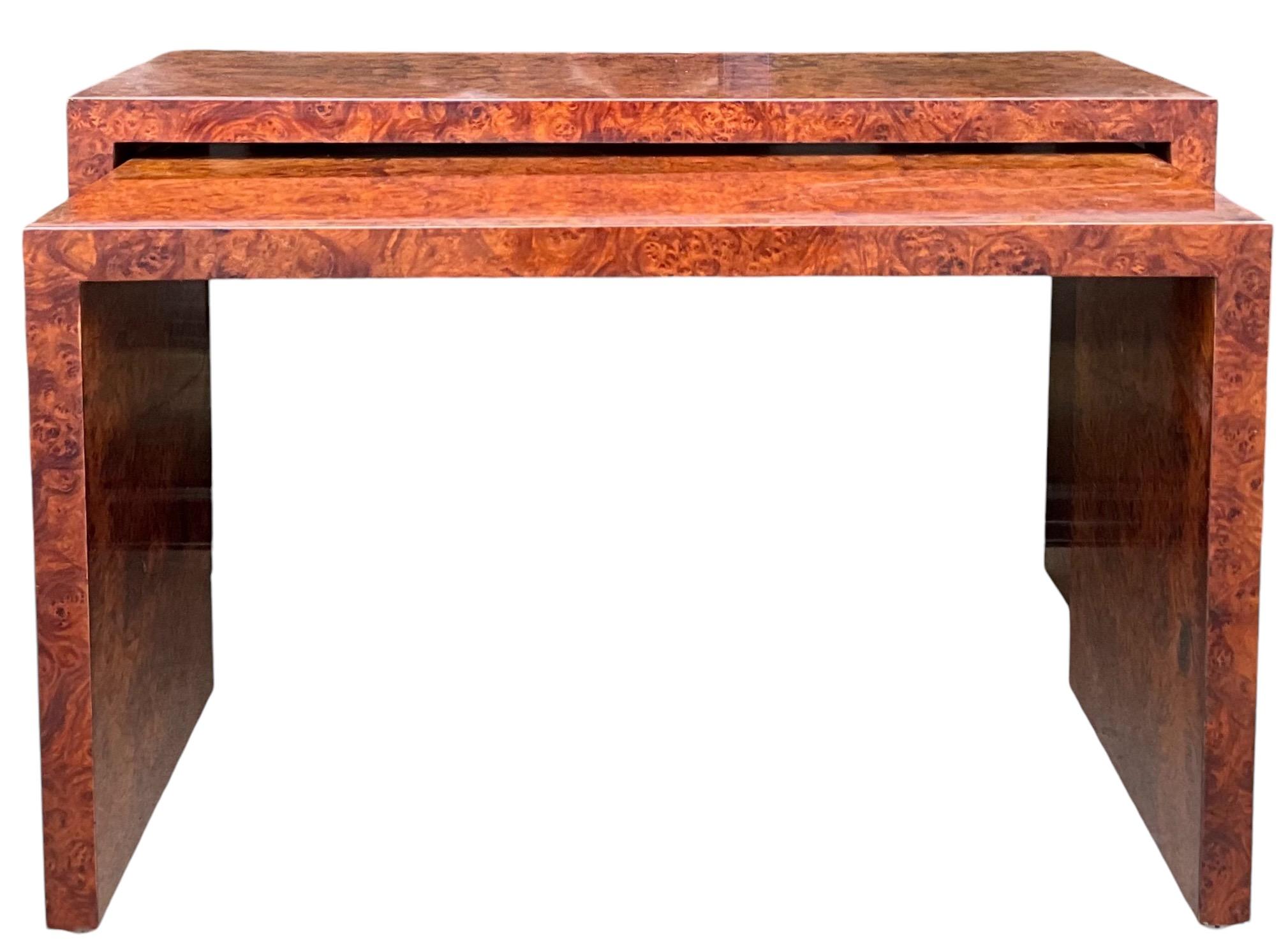 American Mid- Century Modern. Milo Baughman Style Burlwood Nesting Console Side Tables -2