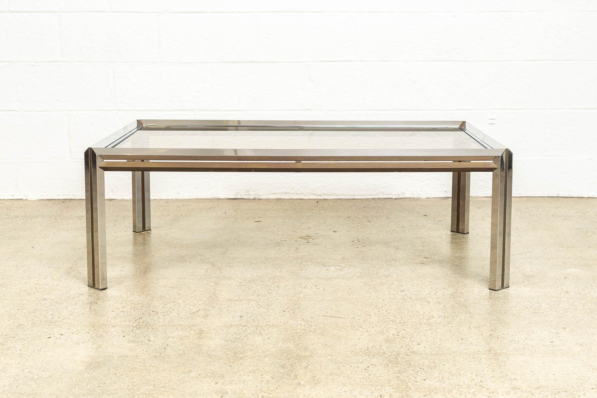 Mid-Century Modern Milo Baughman Style Chrome, Brass & Glass Coffee Table, 1970 In Good Condition For Sale In Detroit, MI