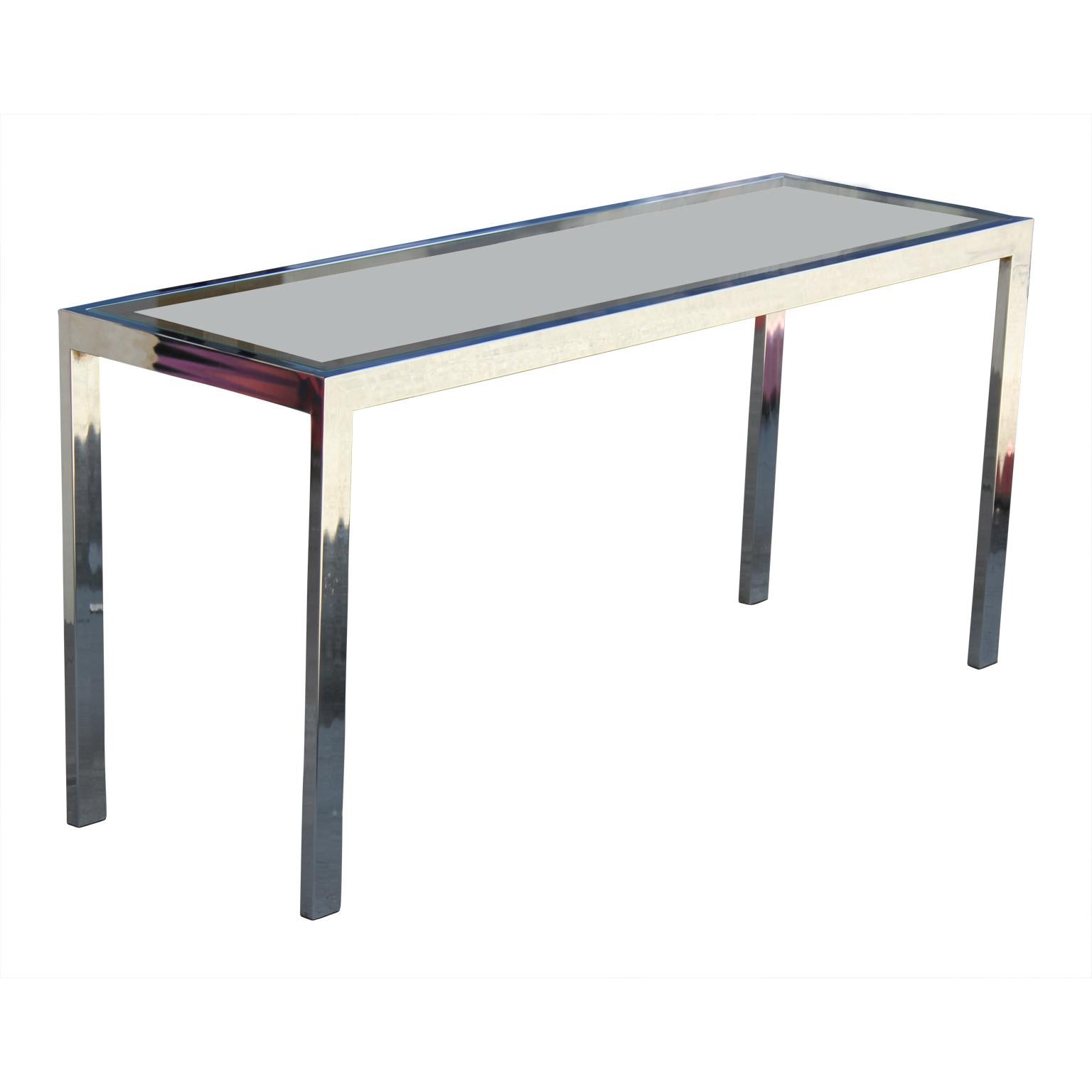 Gorgeous Milo Baughman for Thayer Coggin Style Mid-Century Modern console or sofa table made with a chrome frame and a glass top with cane underneath. Parson's style.