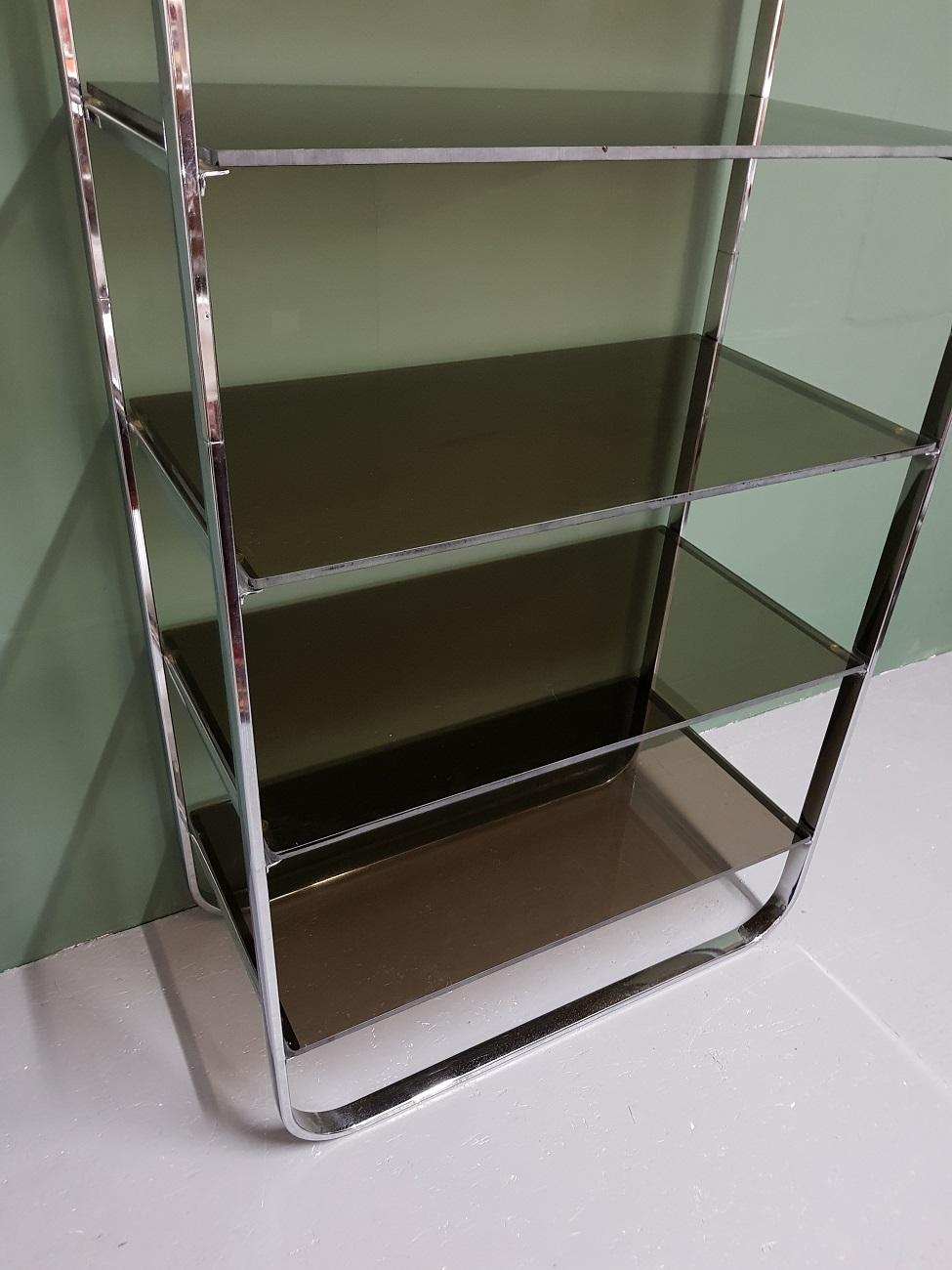 European Mid-Century Modern Milo Baughman Style Chrome Etagere with Smoked Glass Shelves For Sale