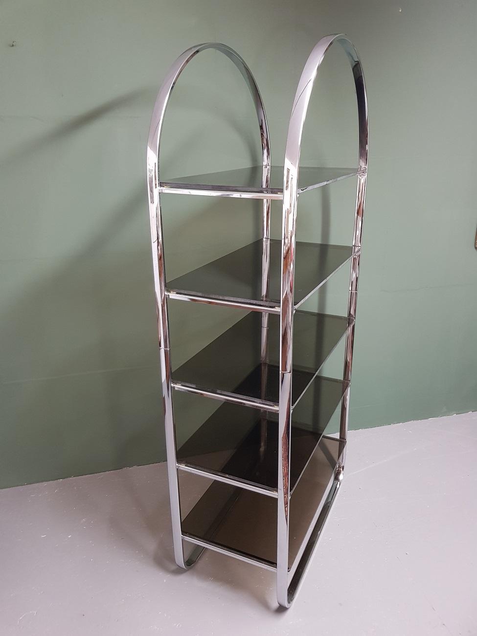 20th Century Mid-Century Modern Milo Baughman Style Chrome Etagere with Smoked Glass Shelves For Sale