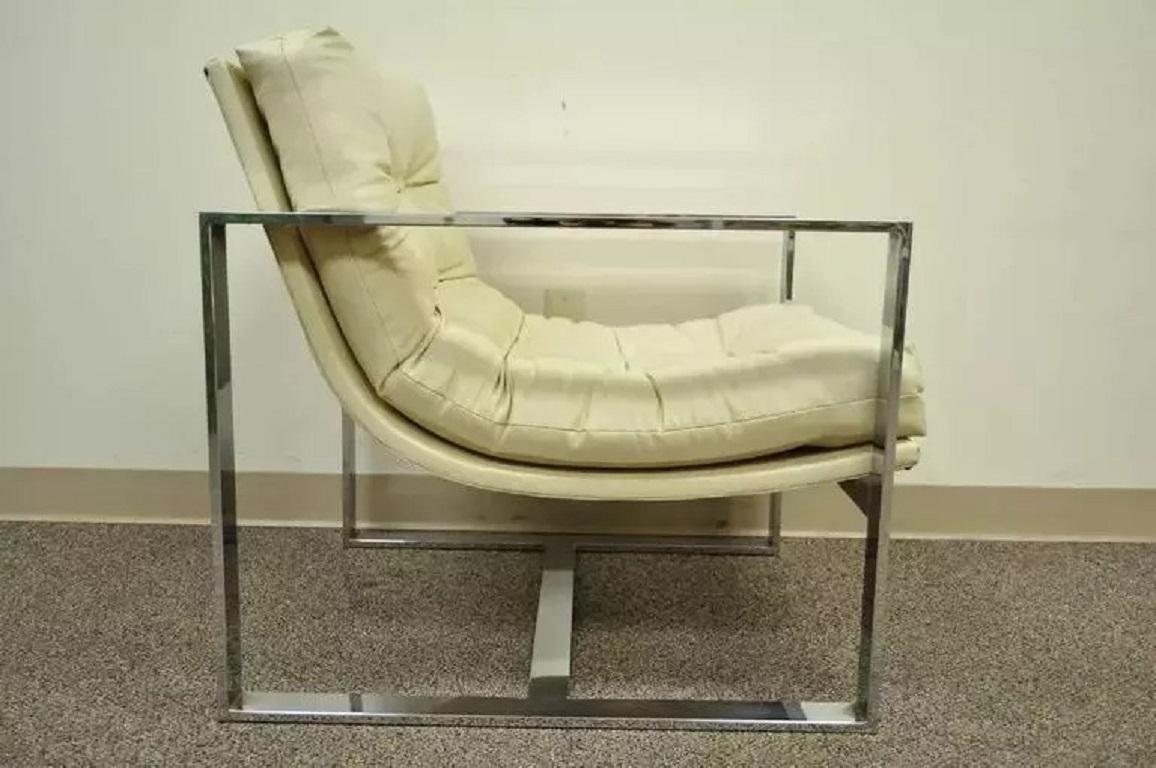 20th Century Mid Century Modern Milo Baughman Style Chrome Flat Bar Scoop Lounge Club Chair For Sale