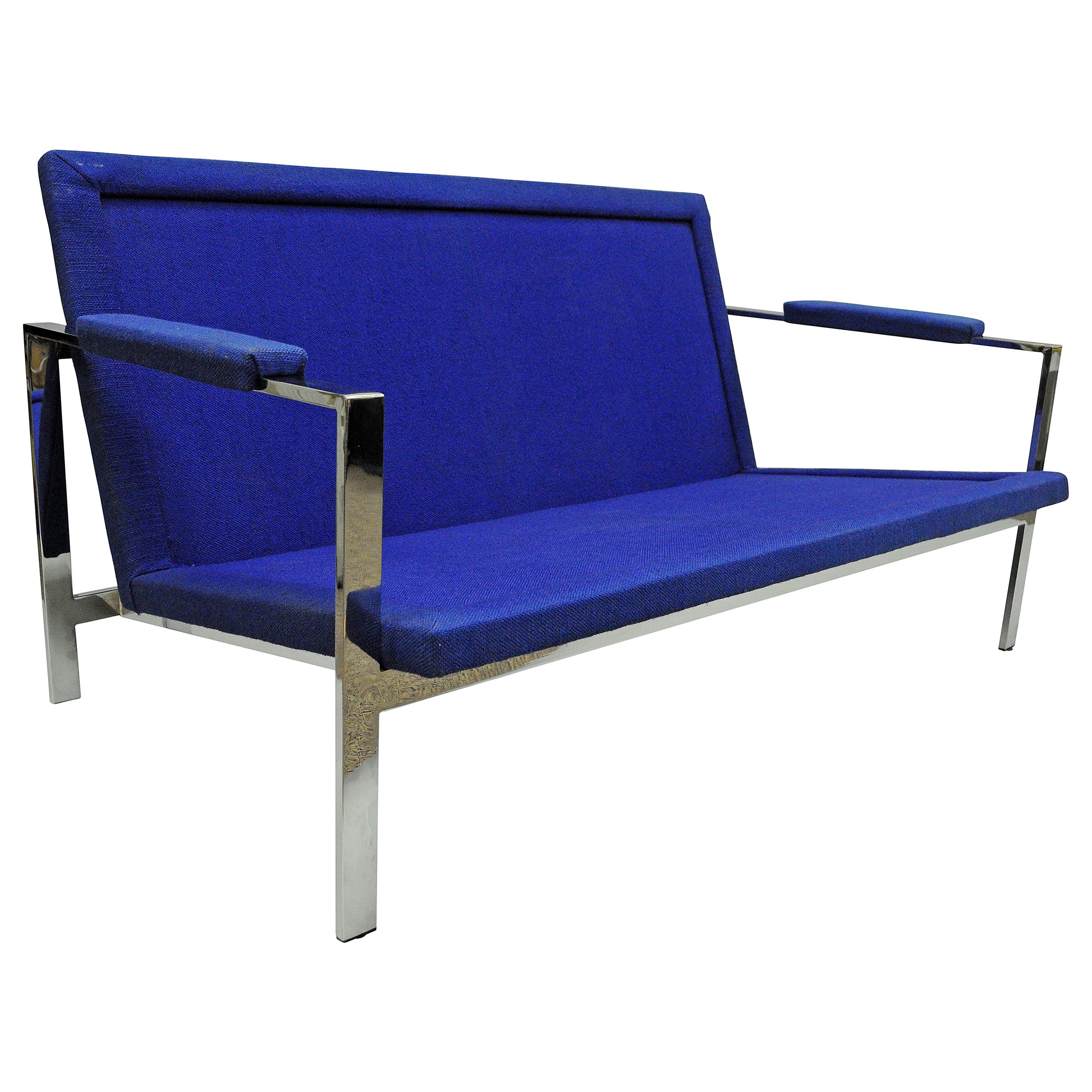 Mid-Century Modern Milo Baughman Style Chrome Flat Bar Settee Loveseat Sofa For Sale