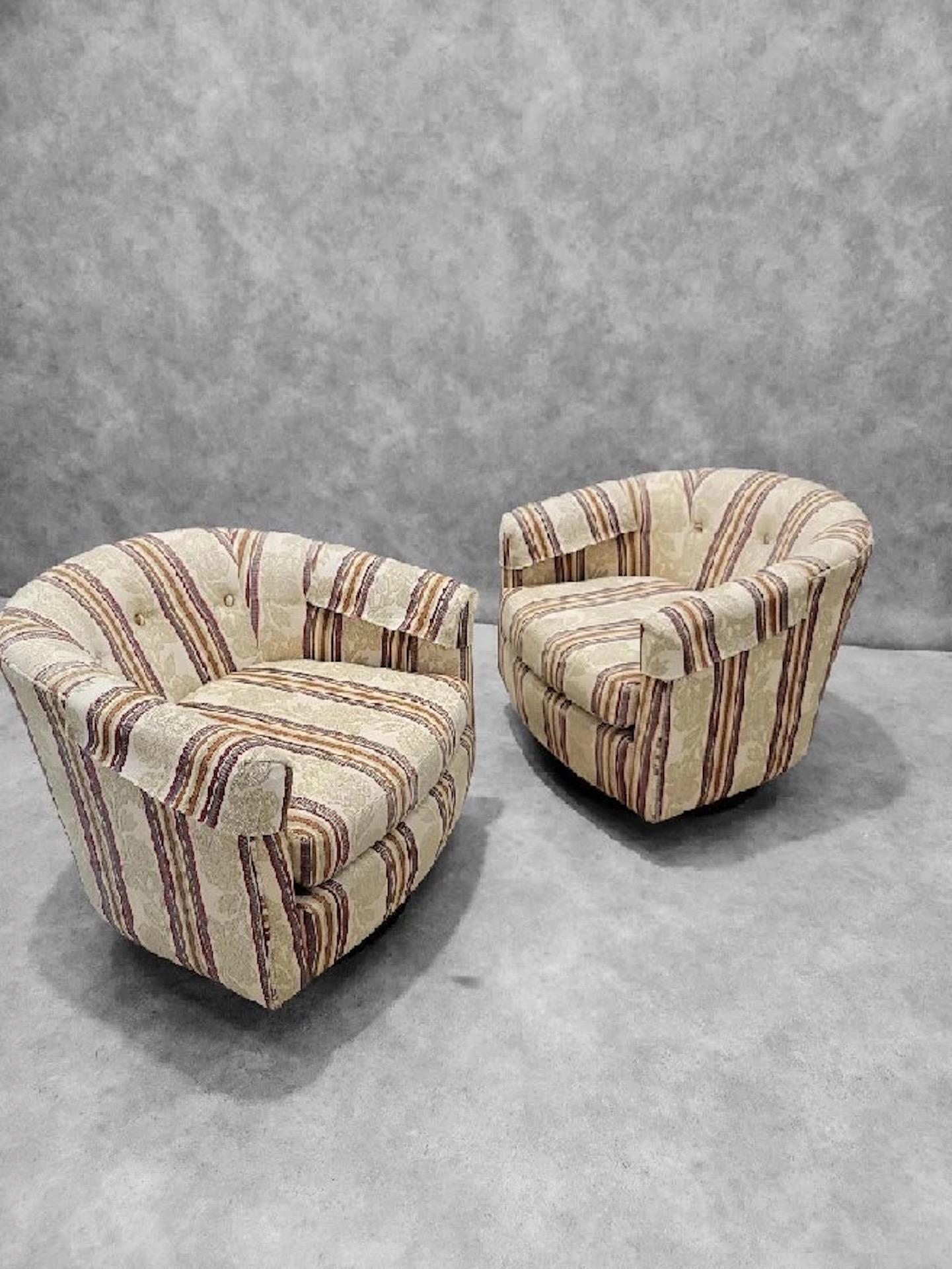 American Mid Century Modern Milo Baughman Style Ebony Base Swivel Tub Chairs - Pair