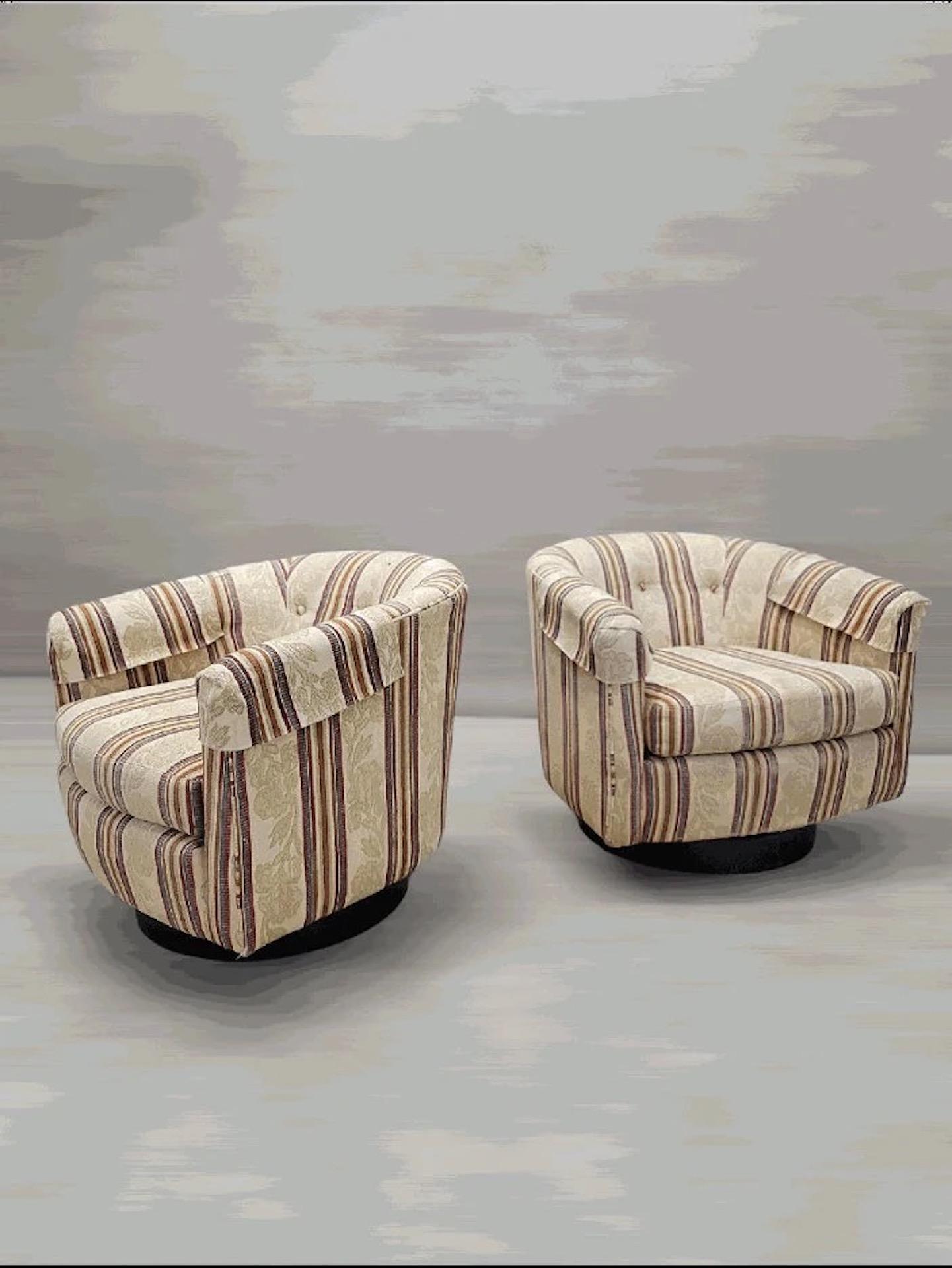 20th Century Mid Century Modern Milo Baughman Style Ebony Base Swivel Tub Chairs - Pair