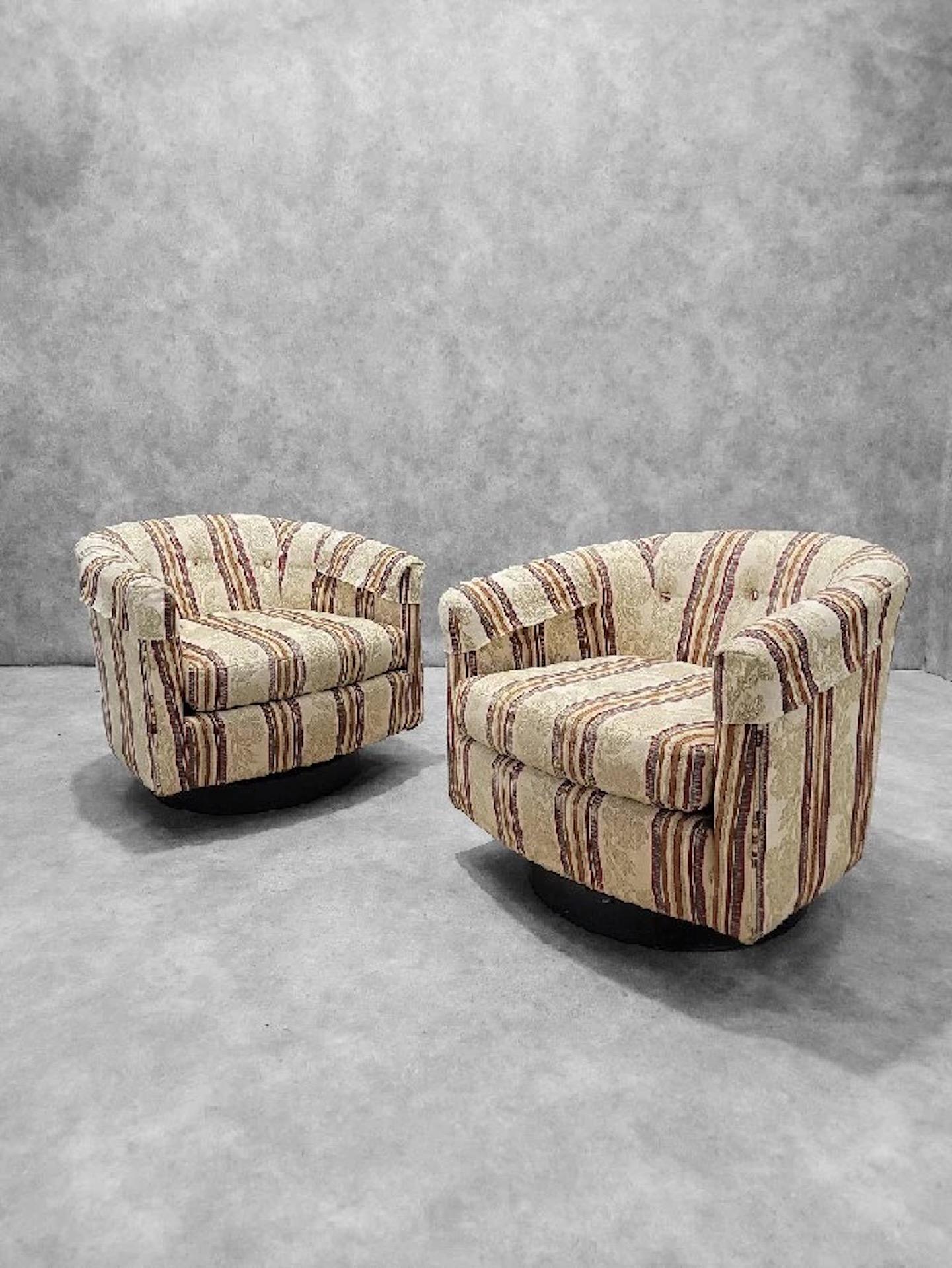 Upholstery Mid Century Modern Milo Baughman Style Ebony Base Swivel Tub Chairs - Pair