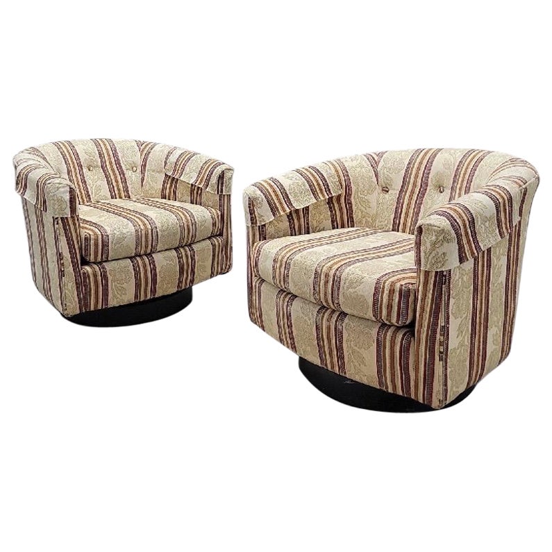 Mid Century Modern Milo Baughman Style Ebony Base Swivel Tub Chairs - Pair