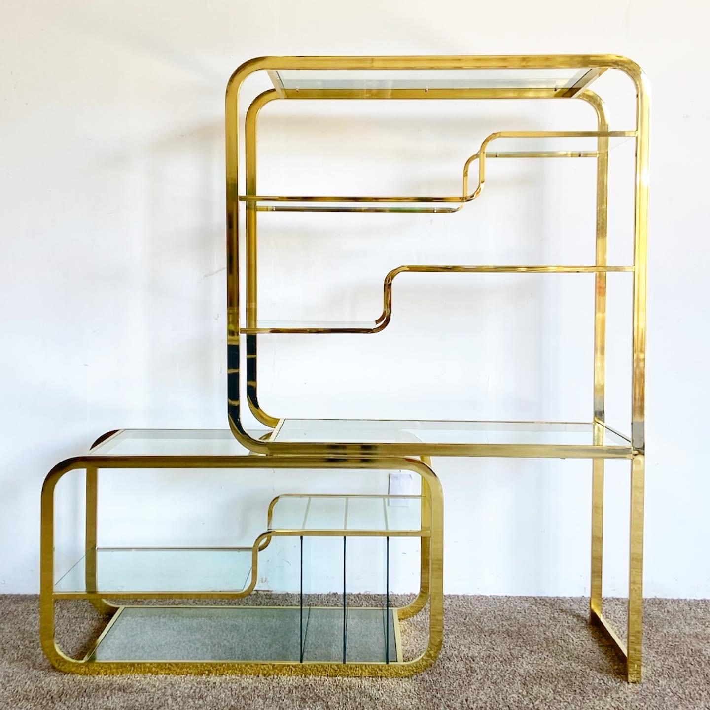 Metal Mid-Century Modern Milo Baughman Style Expandable Gold and Glass Etagere