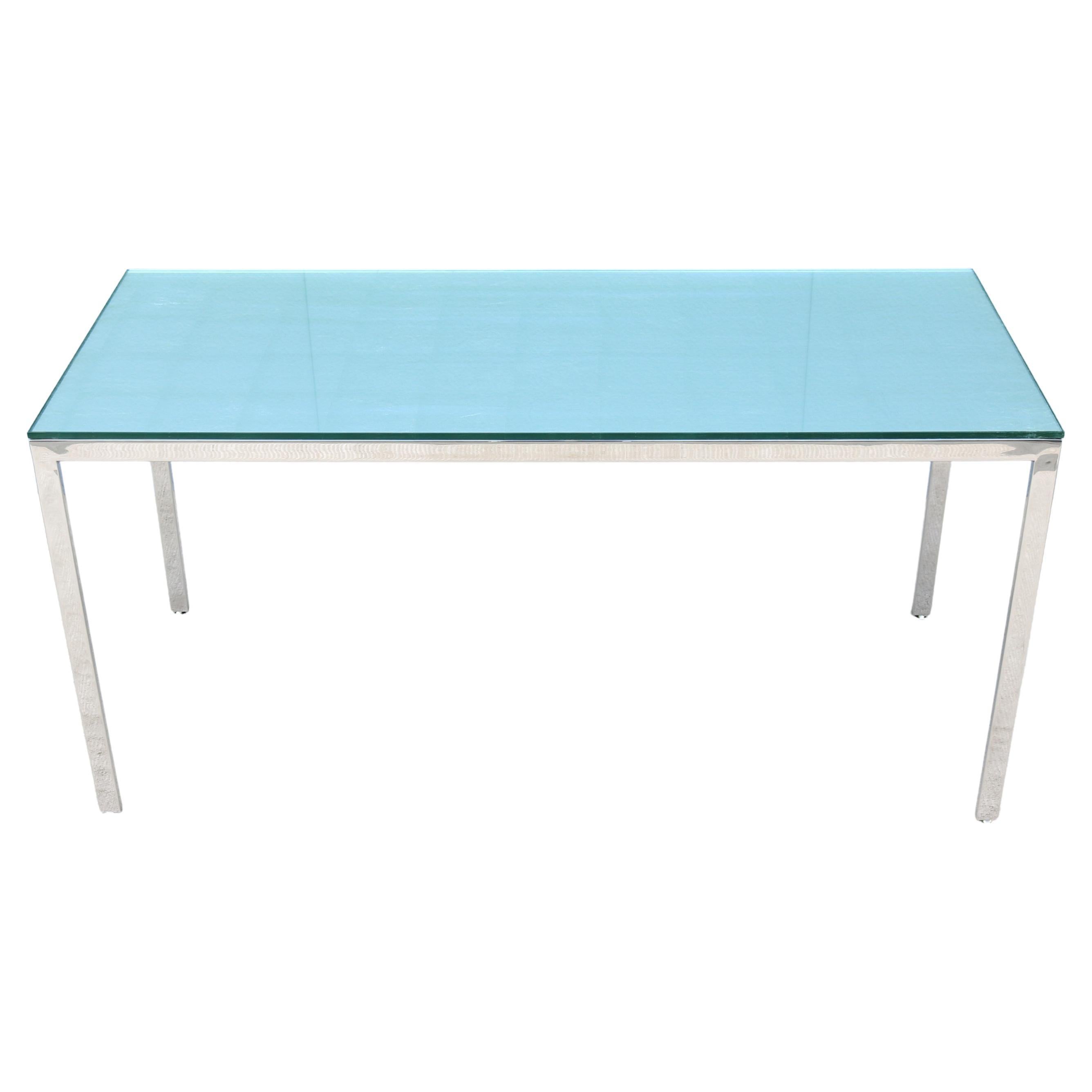Mesa de comedor/escritorio de cristal y acero inoxidable estilo Milo Baughman moderno de mediados de siglo