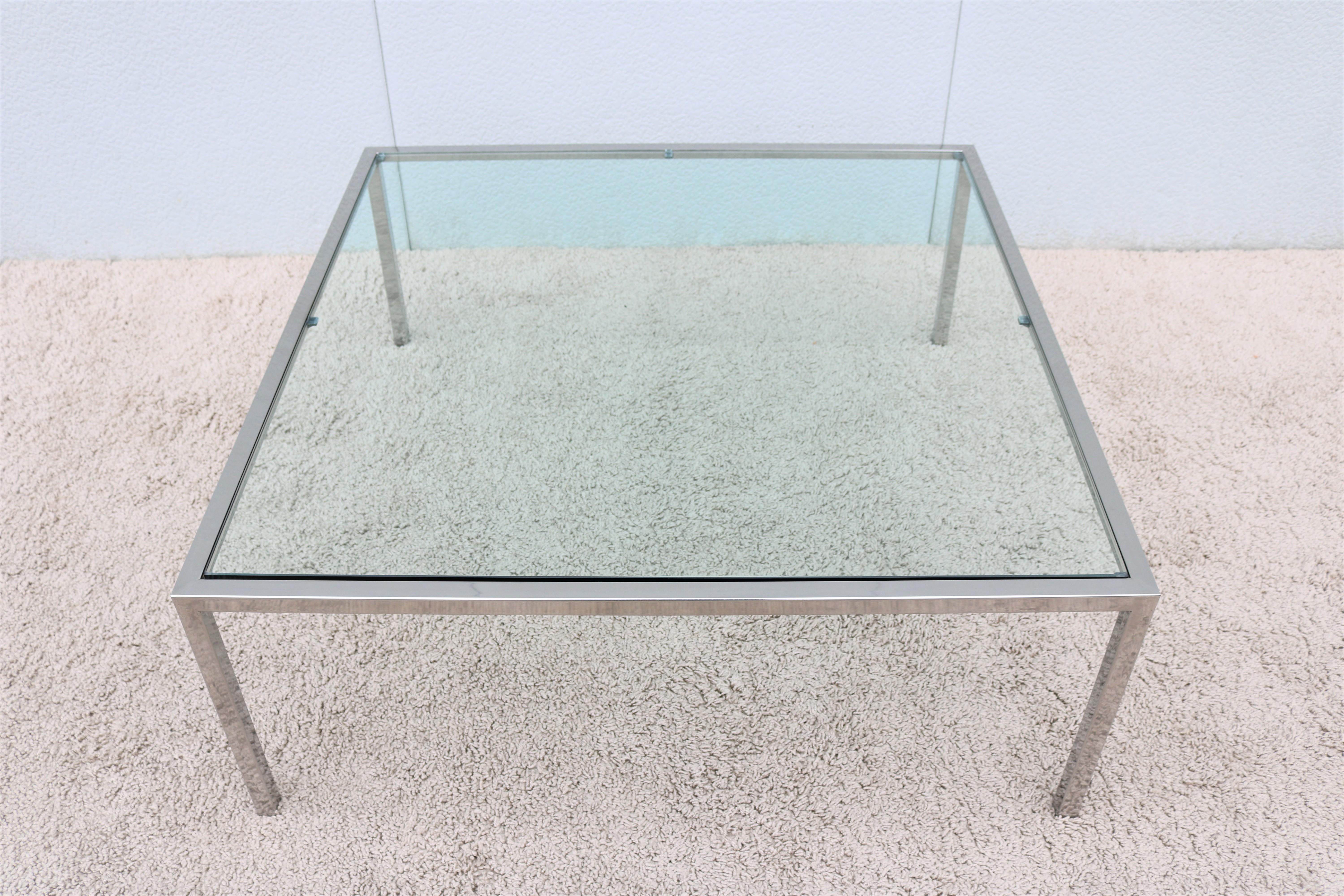 American Mid-Century Modern Milo Baughman Style Glass Stainless Steel Square Coffee Table