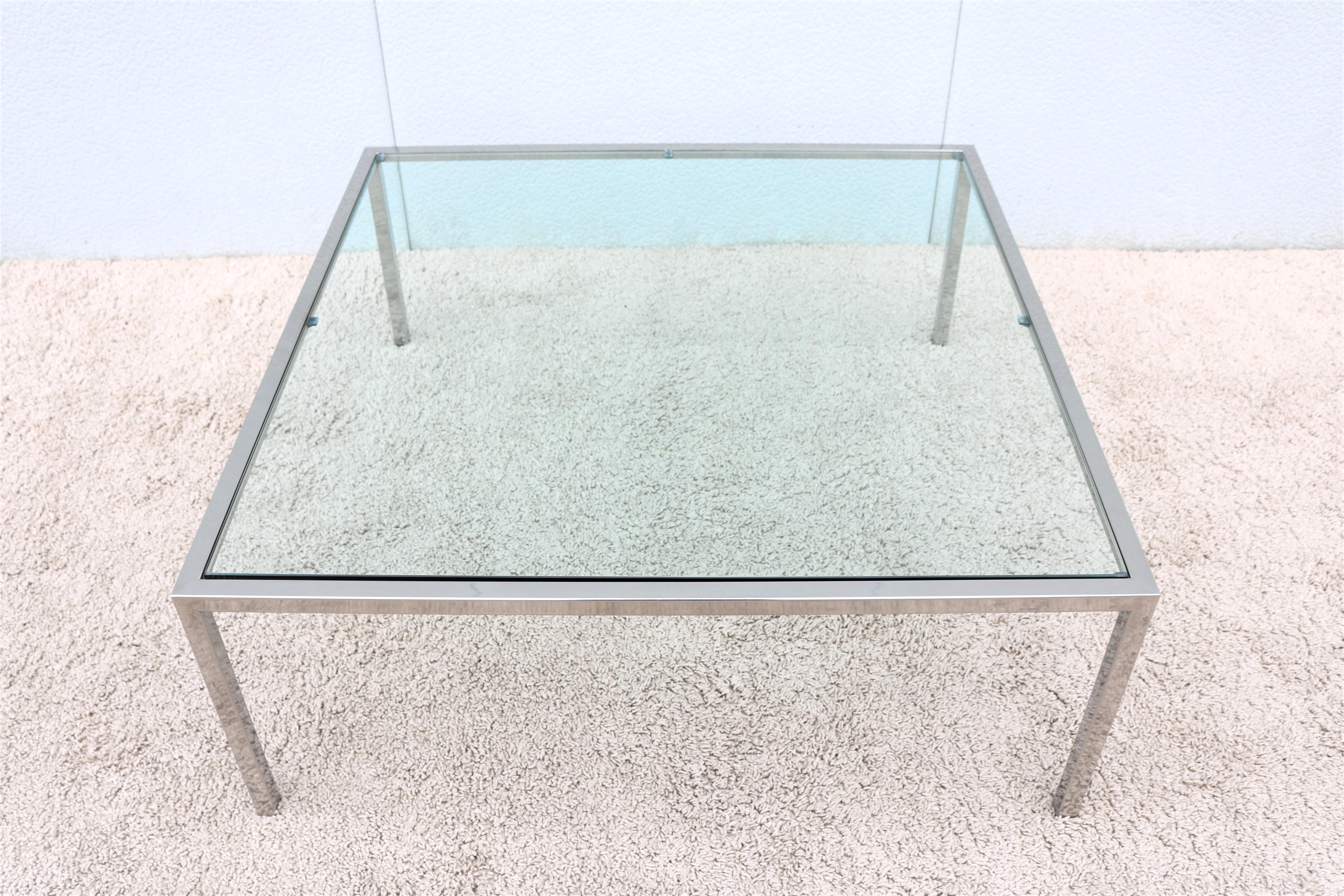 American Mid-Century Modern Milo Baughman Style Glass Stainless Steel Square Coffee Table For Sale