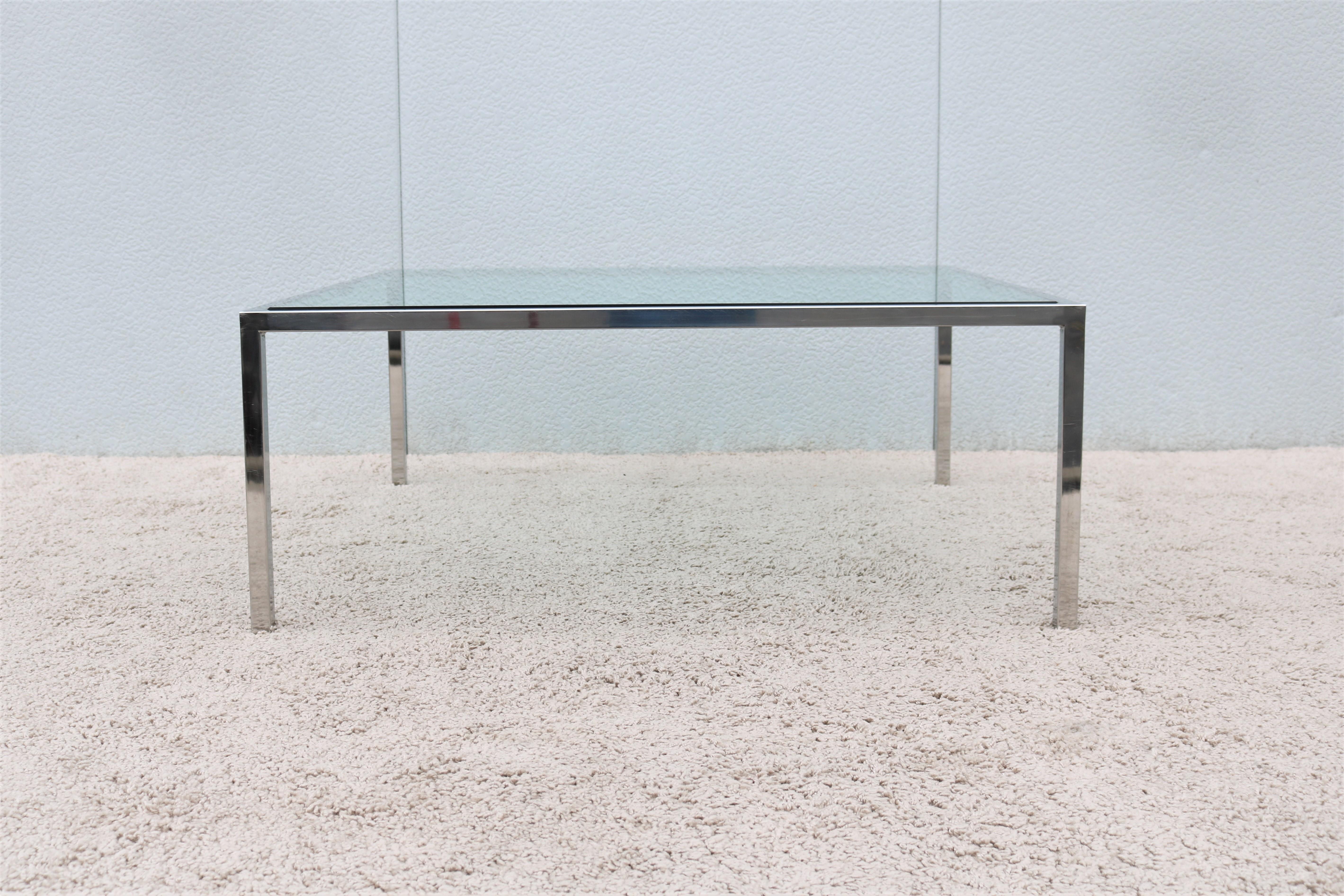 Polished Mid-Century Modern Milo Baughman Style Glass Stainless Steel Square Coffee Table