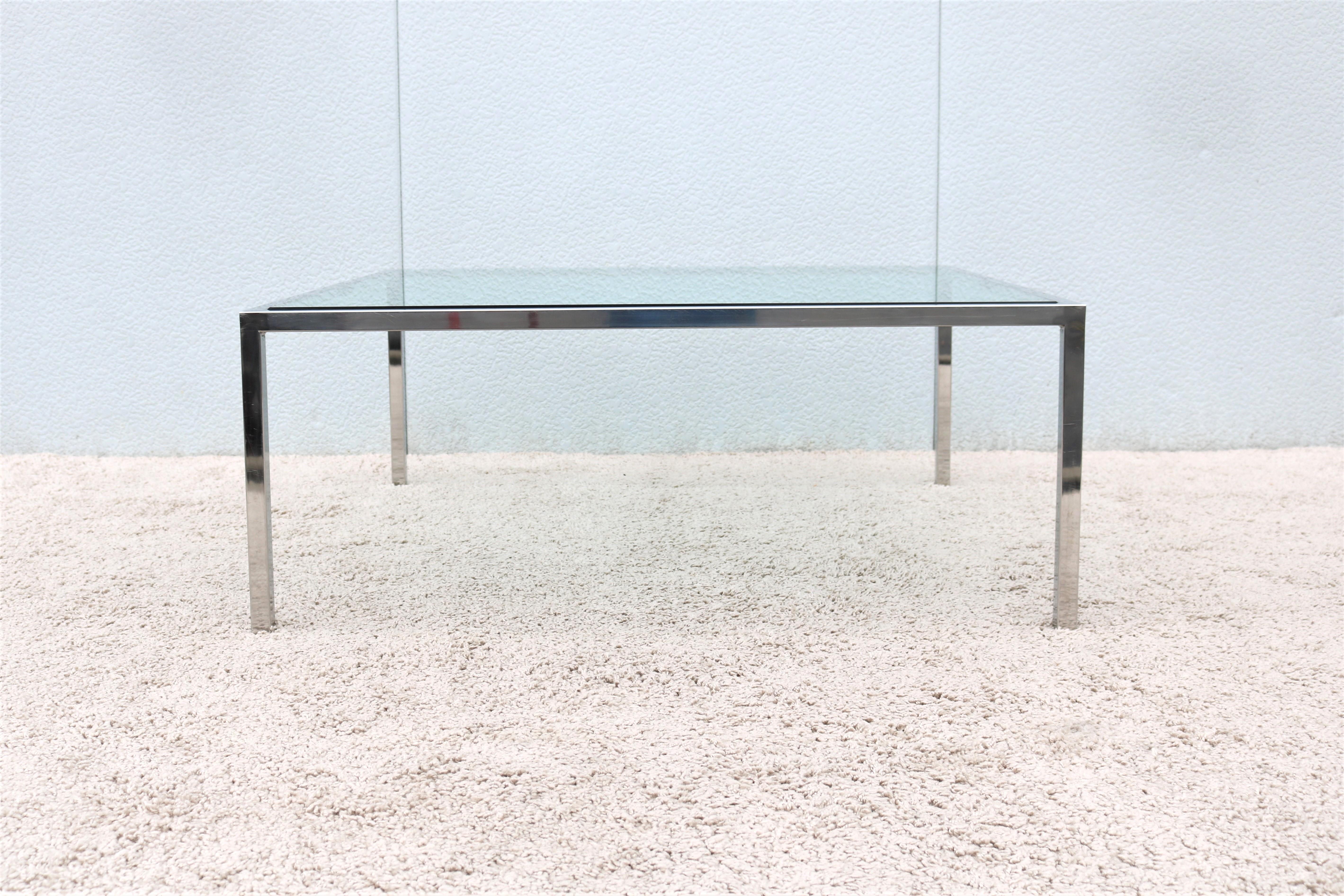 Polished Mid-Century Modern Milo Baughman Style Glass Stainless Steel Square Coffee Table For Sale