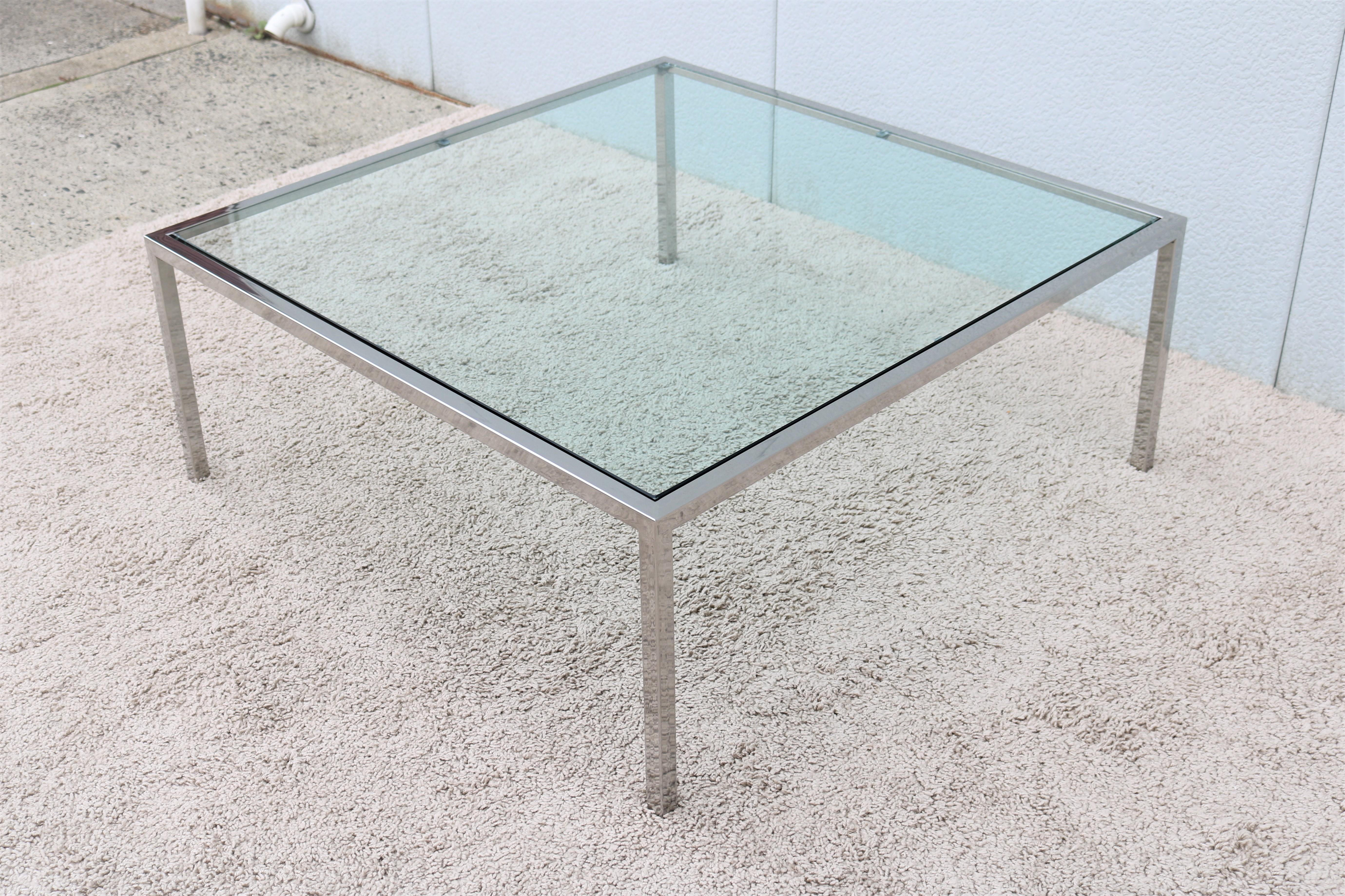 Mid-Century Modern Milo Baughman Style Glass Stainless Steel Square Coffee Table In Good Condition In Secaucus, NJ