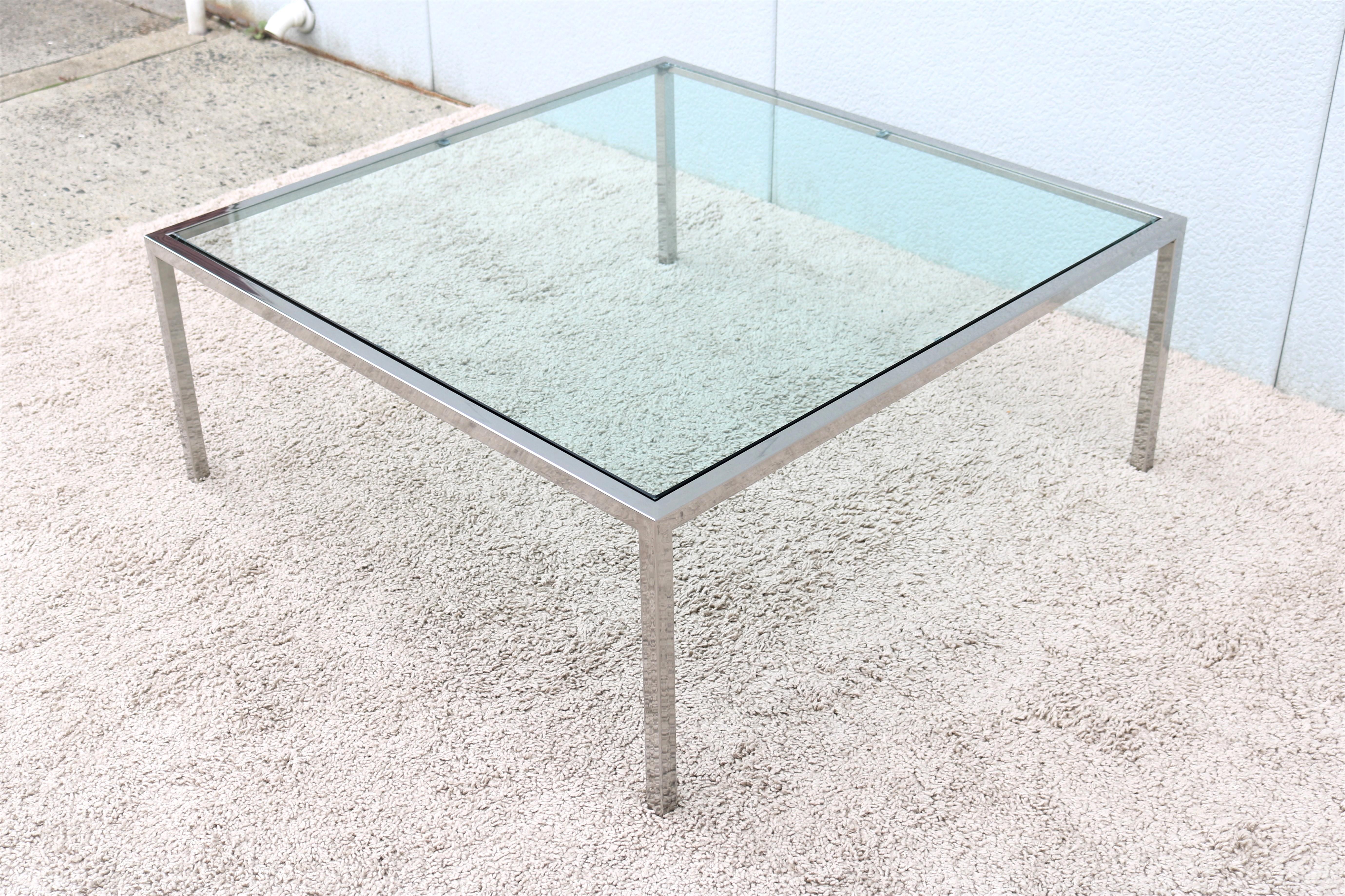 Mid-Century Modern Milo Baughman Style Glass Stainless Steel Square Coffee Table In Good Condition For Sale In Secaucus, NJ